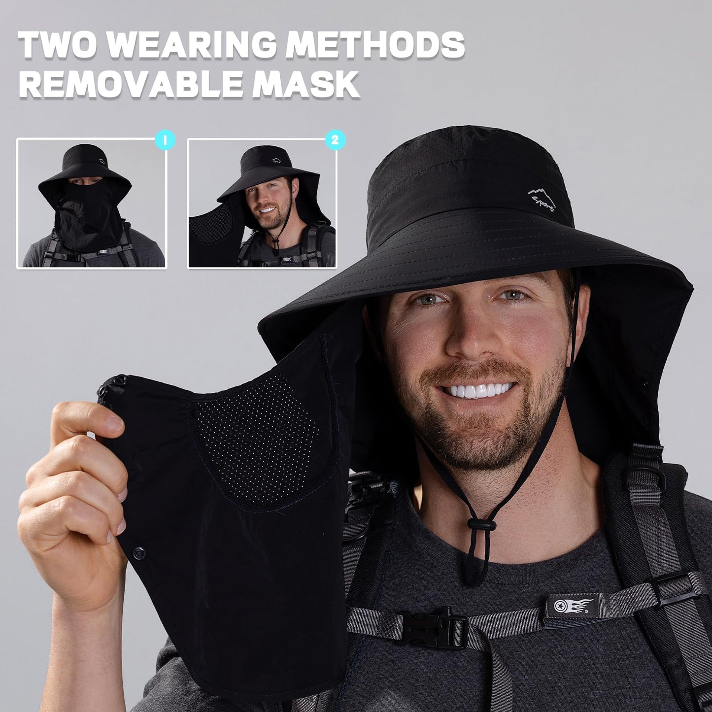 Rosoz Sun Hat for Men Women with Neck Flap,Wide Brim UPF50+ Fishing Hat with Detachable Face Cover Outdoor Sun Protection Hat