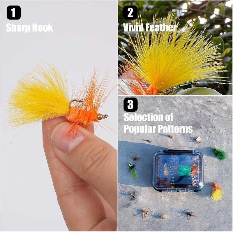 Fly Fishing Flies Assortment Kit - 64/108pcs for Trout & Bass | Waterproof Fly Box Included