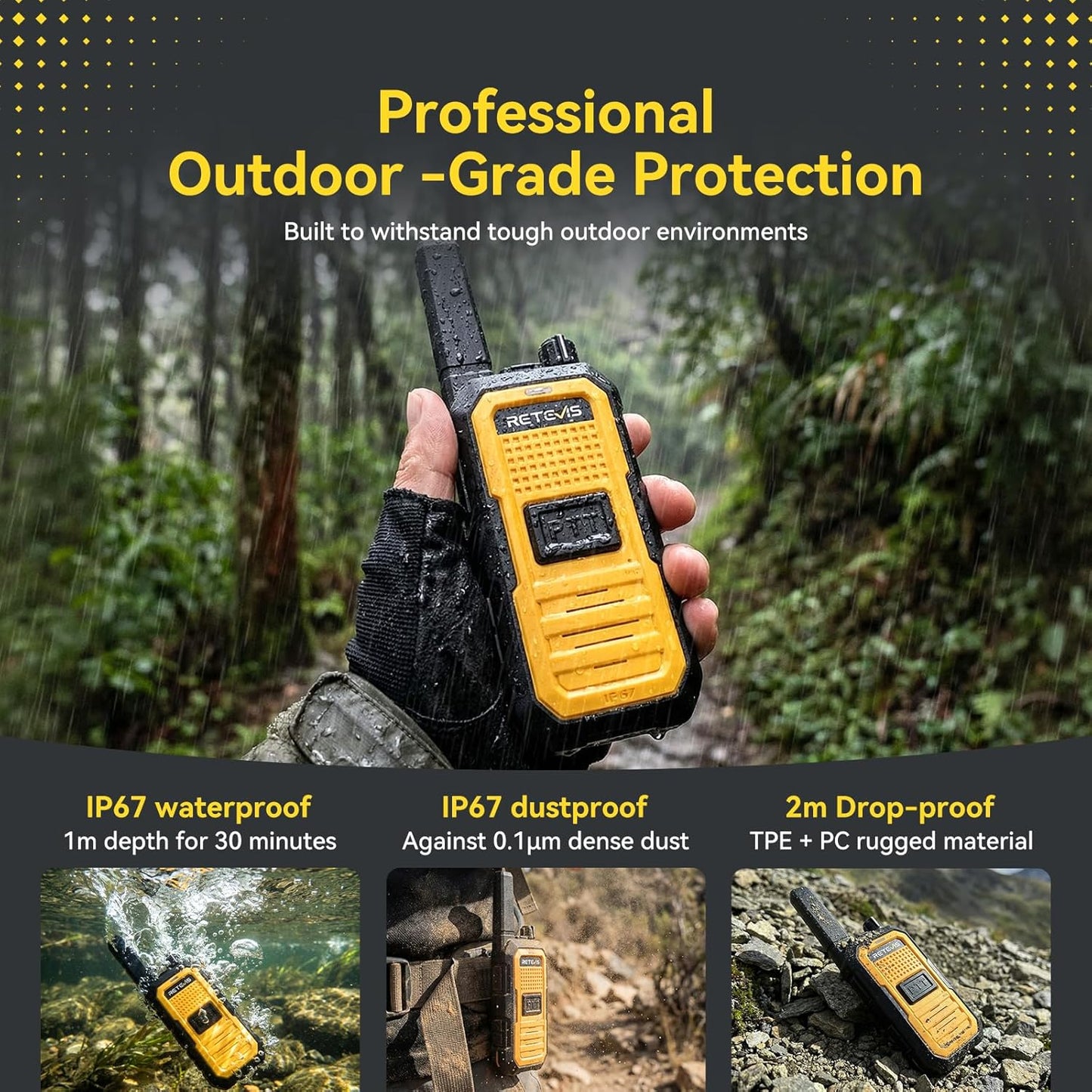Retevis RB48A Waterproof Walkie Talkies - Long Range Two-Way Radios with Earpieces | IP67, NOAA Alerts, 23-Hour Battery (2 Pack)