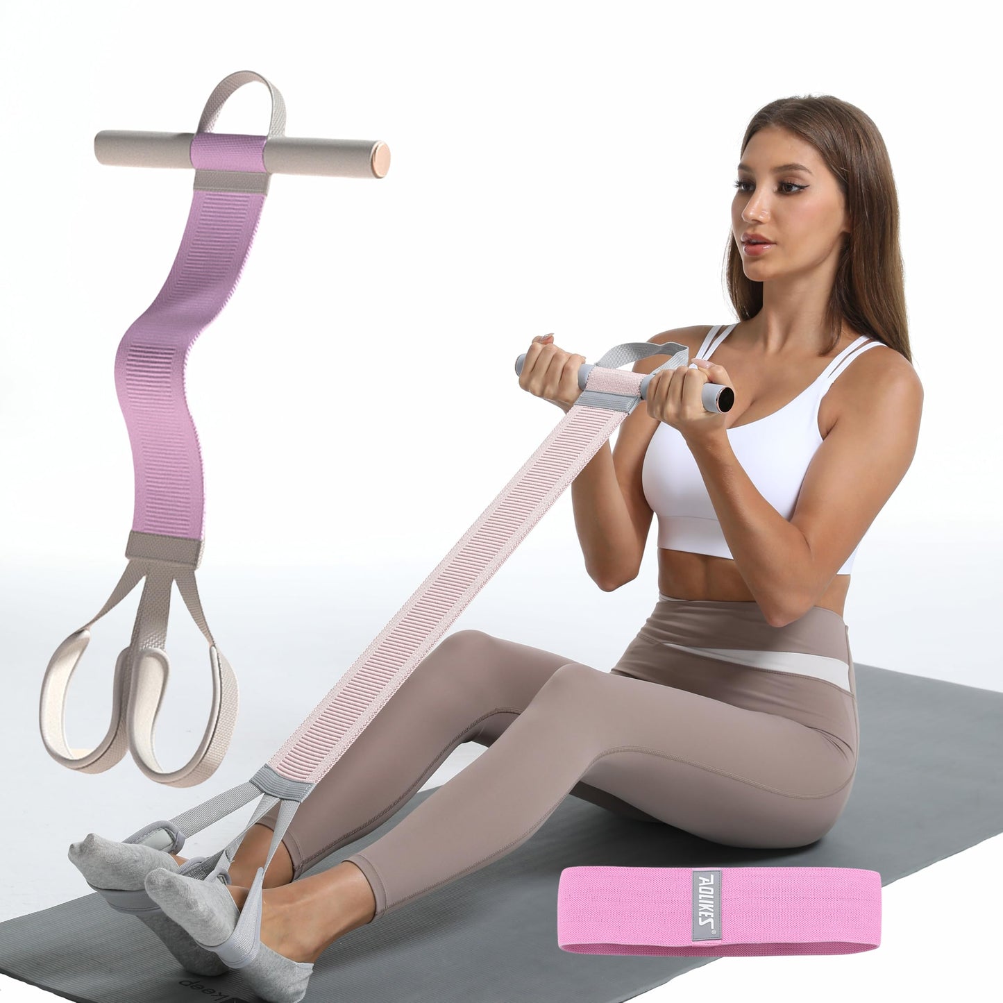 Multifunctional Tension Rope Set – Sit-Up Assistance, Knitted Fitness Equipment for Abdominal/Waist/Arm/Leg Stretching & Weight Loss Training (Baby Pink)