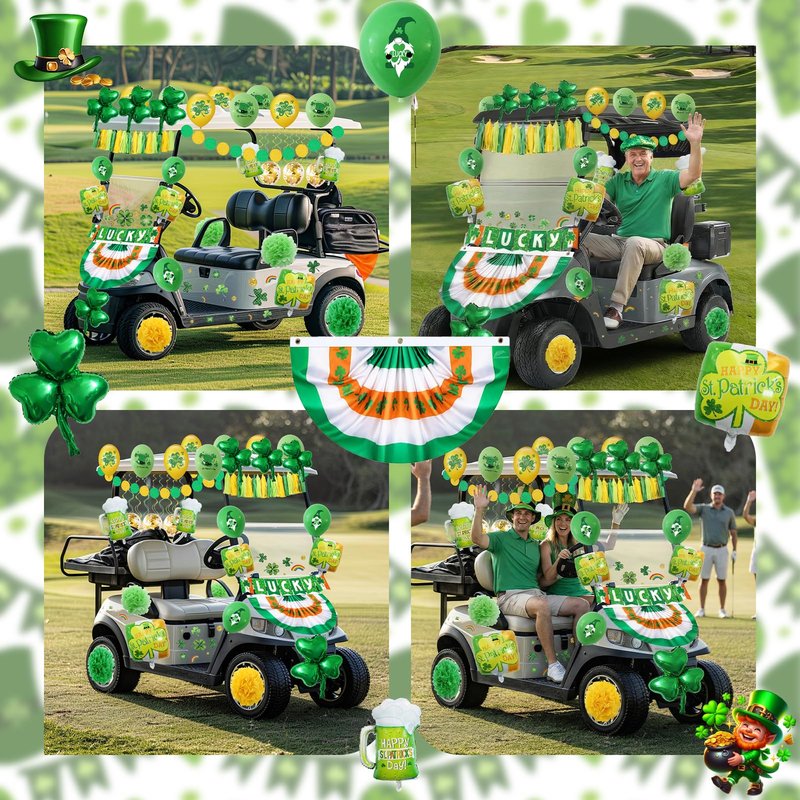 St Patricks Golf Cart Parade Decorations Kit, Complete Parade Float Accessories with Shamrock Garland for St. Patrick's Day Golf Cart Festival Decor, St Patricks Day Accessories
