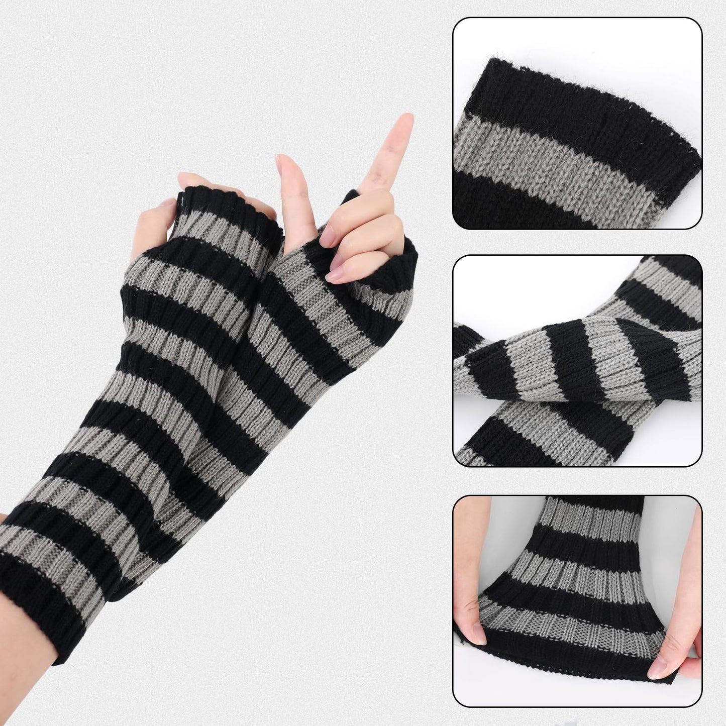 Zhamate Y2K Striped Crochet Beanie Hats Set Cat Beanie Accessories with Arm and Leg Warmers Necklaces Star Earrings for Women
