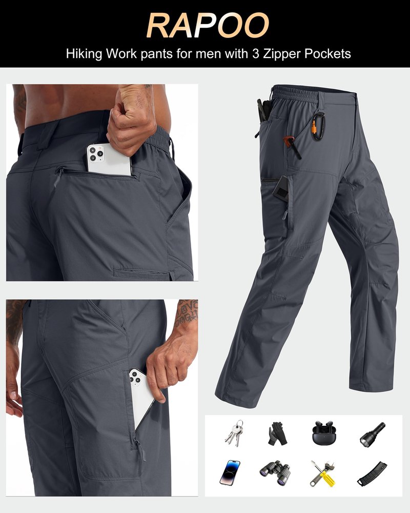 Rapoo Hiking Pants for Mens with Pockets Comfy Lightweight Waterproof Quick Dry Travel Track Outdoor Summer Camping Thin Fishing Work Cargo Pants Grey 32Wx32L