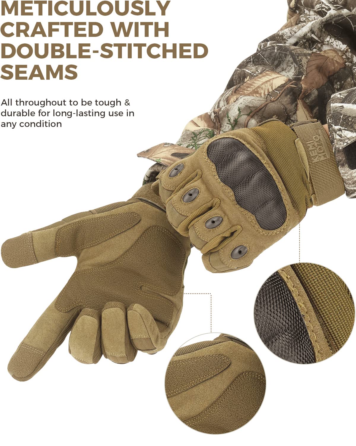 KEMIMOTO Tactical Gloves for Men, Touchscreen Motorcycle Gloves with Hard Shell & Palm Padding for Sports Motorcycle Cycling Tactical Airsoft Paintball Hunting Hiking Camping Climbing (Brown,Medium)