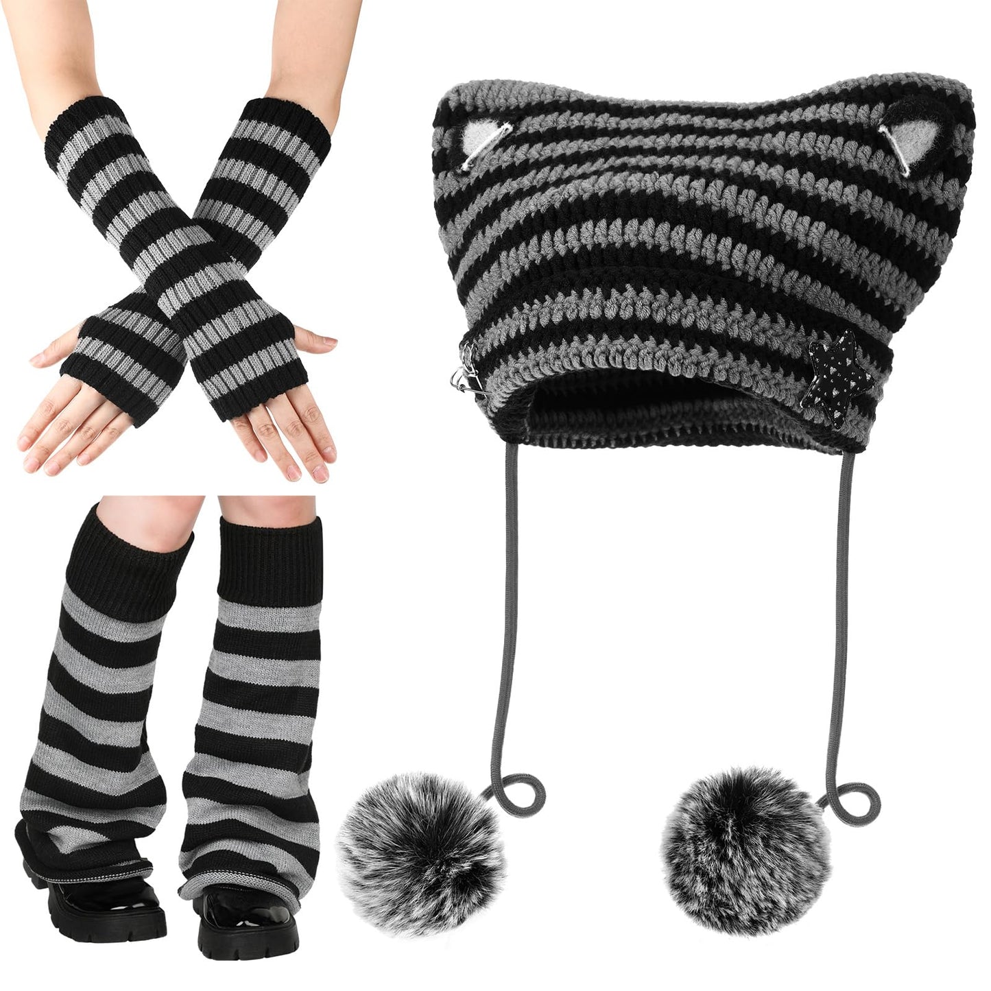 Silicherry Y2k Beanie Cat Crochet Hats Cat Beanie Accessories with Kawaii Leg Cover for Women Girls(Black,Gray,Classic)