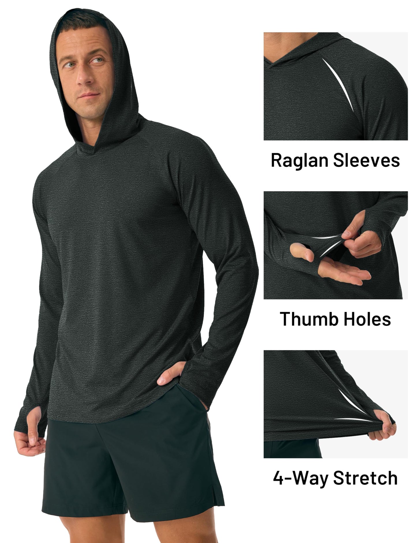 MAGCOMSEN Long Sleeve Shirts for Men Hooded UV Protection Sun Shirt Lightweight Fishing Workout Athletic Swim Rash Guard Black, XL