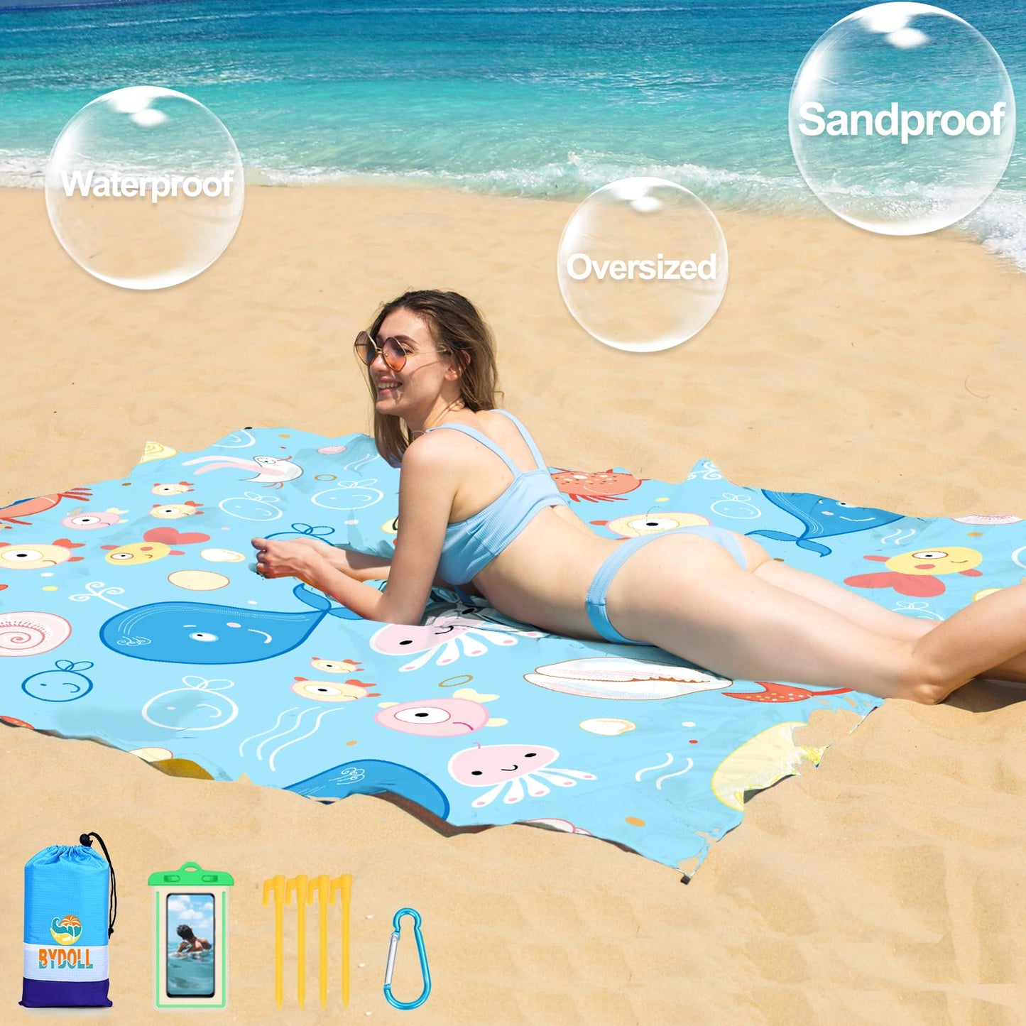 BYDOLL Beach Blanket 78''×110'' 1-7 Adults Oversized Lightweight Waterproof Sandproof Beach Blanket Large Picnic Mat Beach Blanket for Beach Travel Camping Hiking Picnic