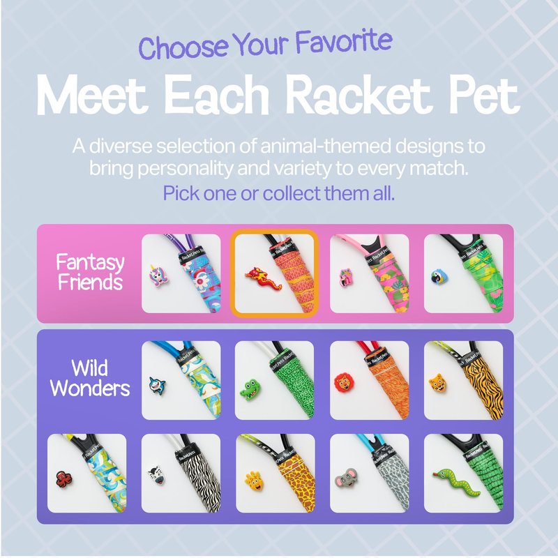 Racket Pets Kids Tennis Racket Dampener & Matching Overgrip Tape, Performance Shock Absorbing Dampener for Tennis Racket & Fun Animal Print Tennis Wrap Grip Tape (Unicorn)