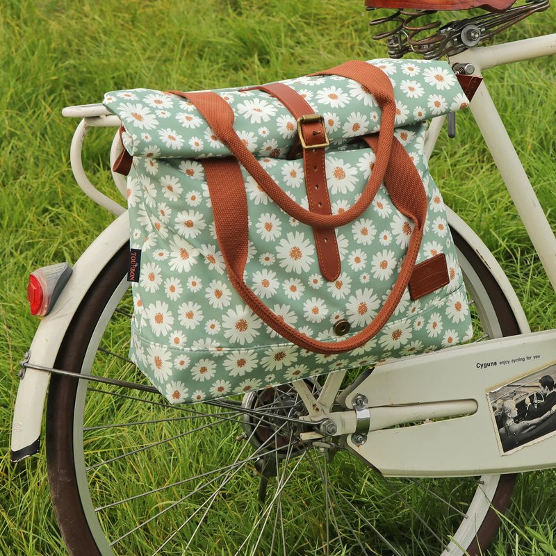 TOURBON Nylon and Leather Roll-top Clip-On Bicycle Panniers Women's Shoulder Tote Bag (Light Green with Flower)