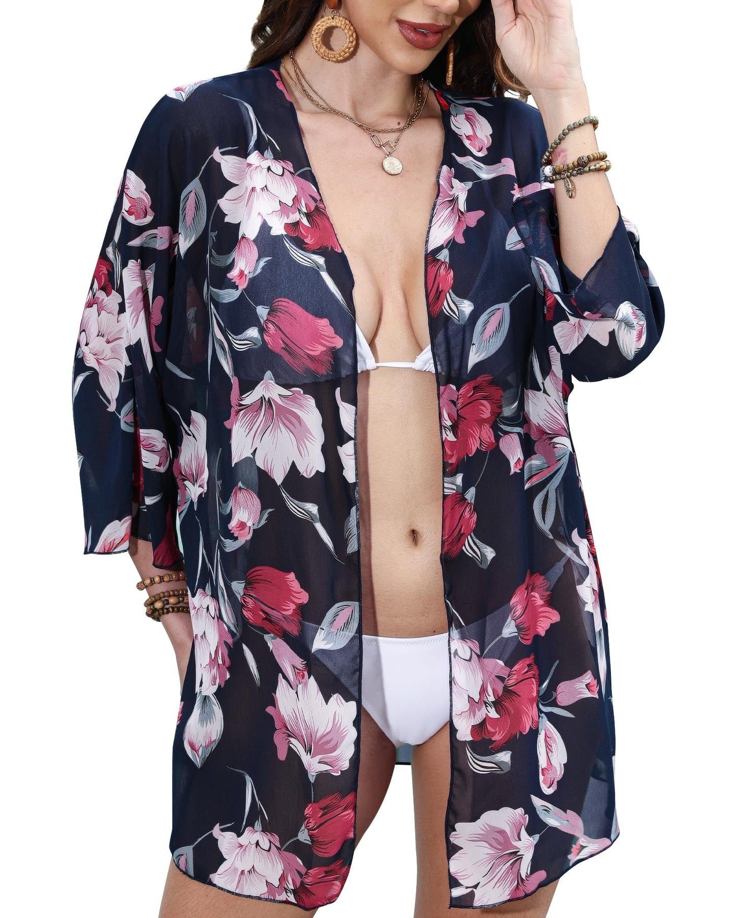 Argstar Women's Kimono Cardigans - Navy Blue Floral Print L