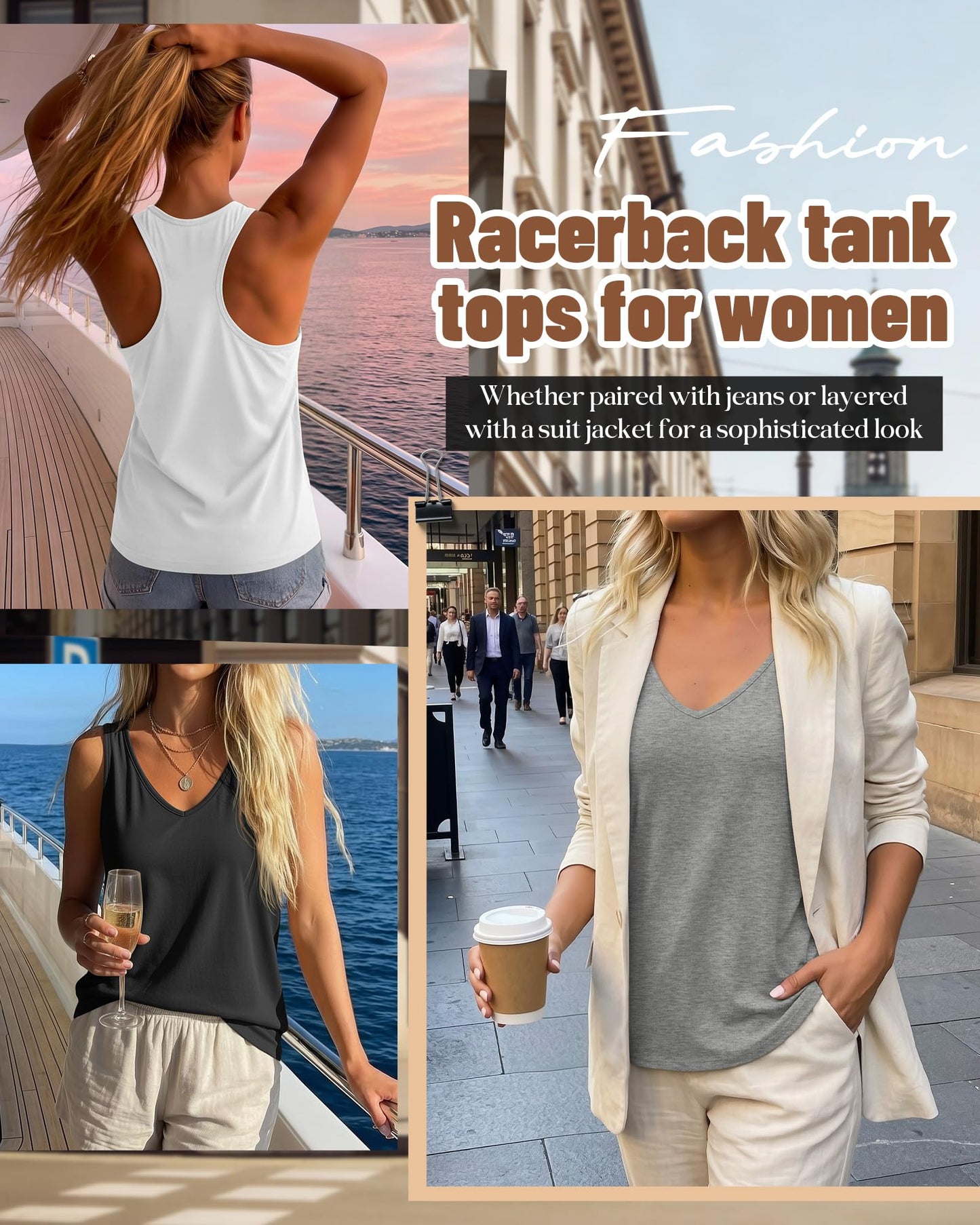 Huukeay 3 Pack Women's Tank Tops V Neck Racerback Tops Loose Fit Summer Casual Sleeveless Tee Workout Yoga Athletic Shirts(Black, White, Gray,Large)