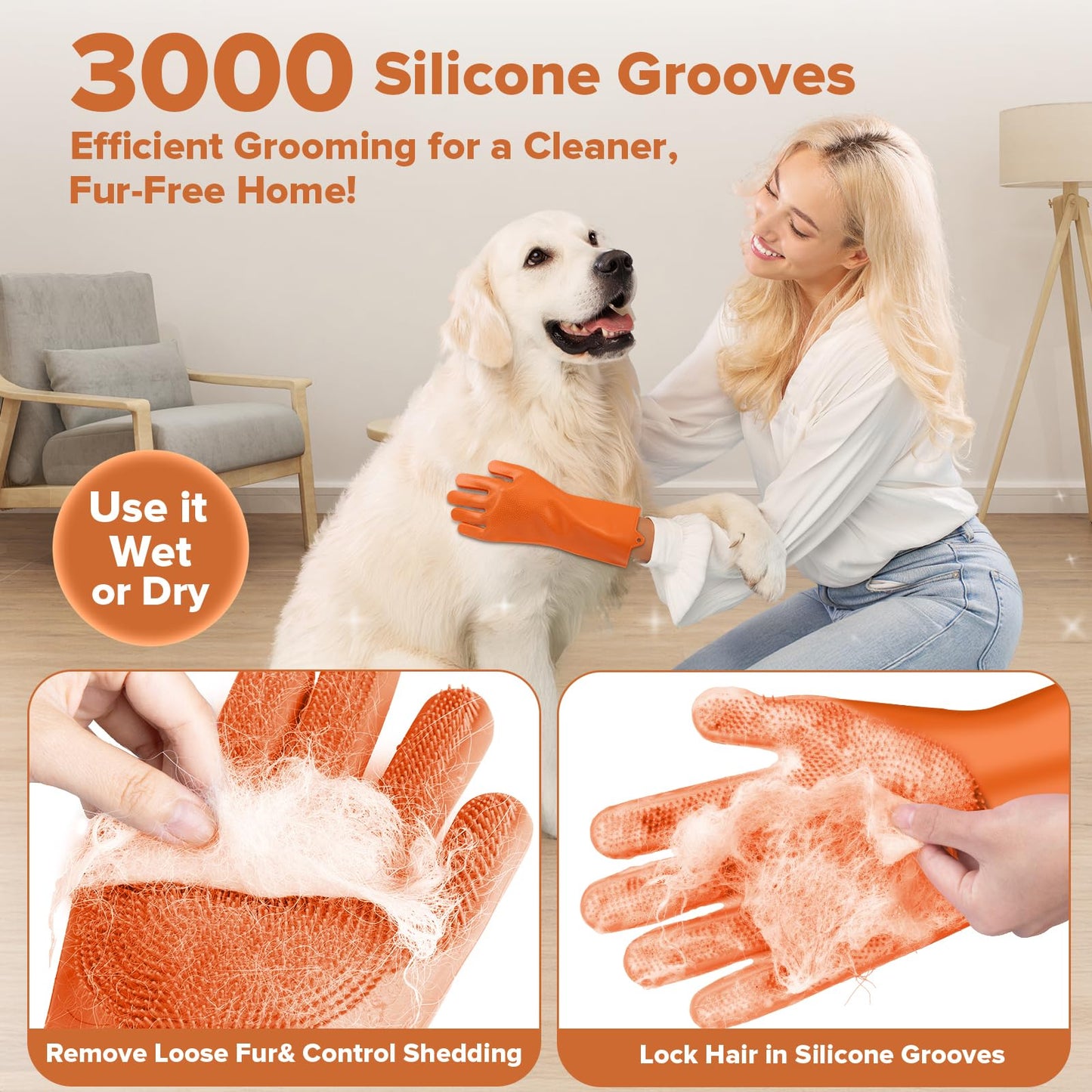 Augwind 6PCS Pet Grooming Kit for Dogs, Cats and Horses | Dog Washing Gloves | Cleanroom Gloves | Dog Bath Brush | Dog Bath Gloves | Dog Shampoo Brush | Dog Bath Supplies (Orange)