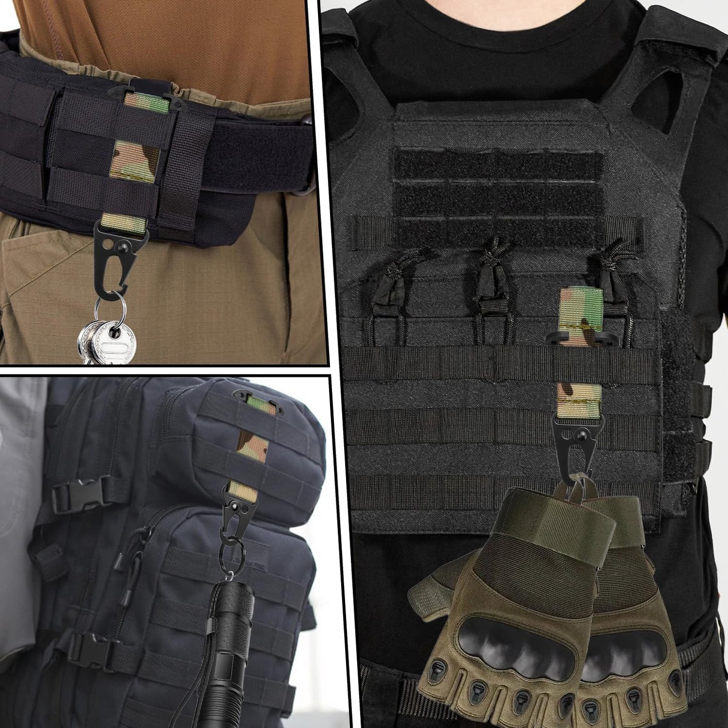 Tactical Molle Clips - 2 Pack T-Mount Key Holder Carabiner Clip for Keys & Gloves