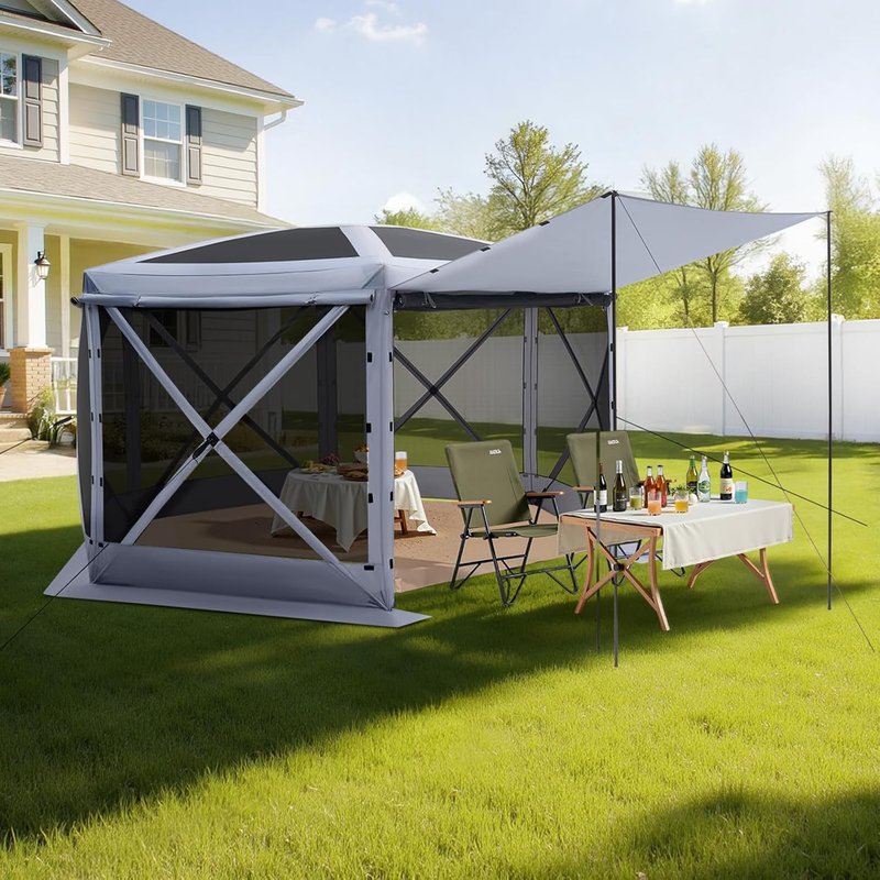 Pop Up Gazebo Screen Tent - 12x12 ft Large 6-Sided Canopy with Removable Top | Quick-Set, Bite-Proof Sun Shelter for 8-10 Persons, Grey