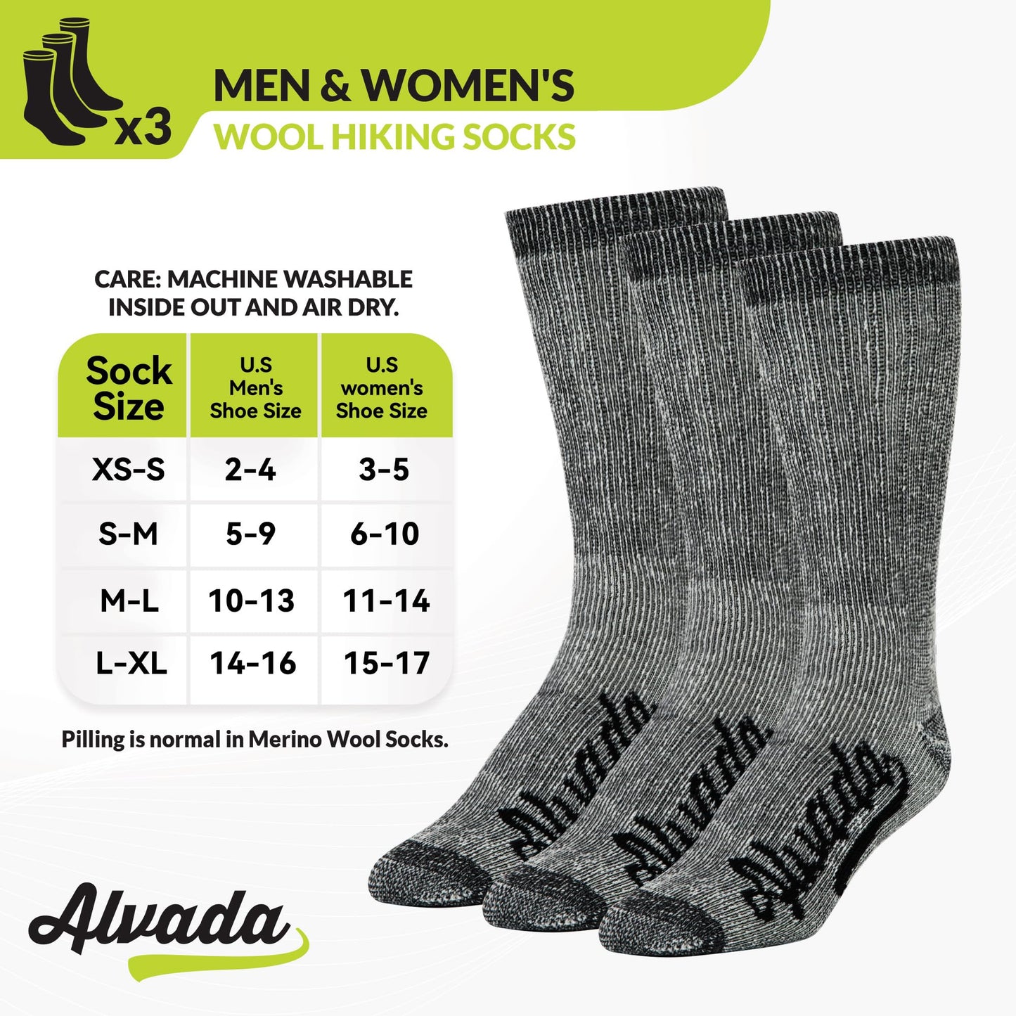 Alvada Merino Wool Hiking Socks Thermal Warm Crew Winter Boot Sock For Men Women 3 Pairs LXL