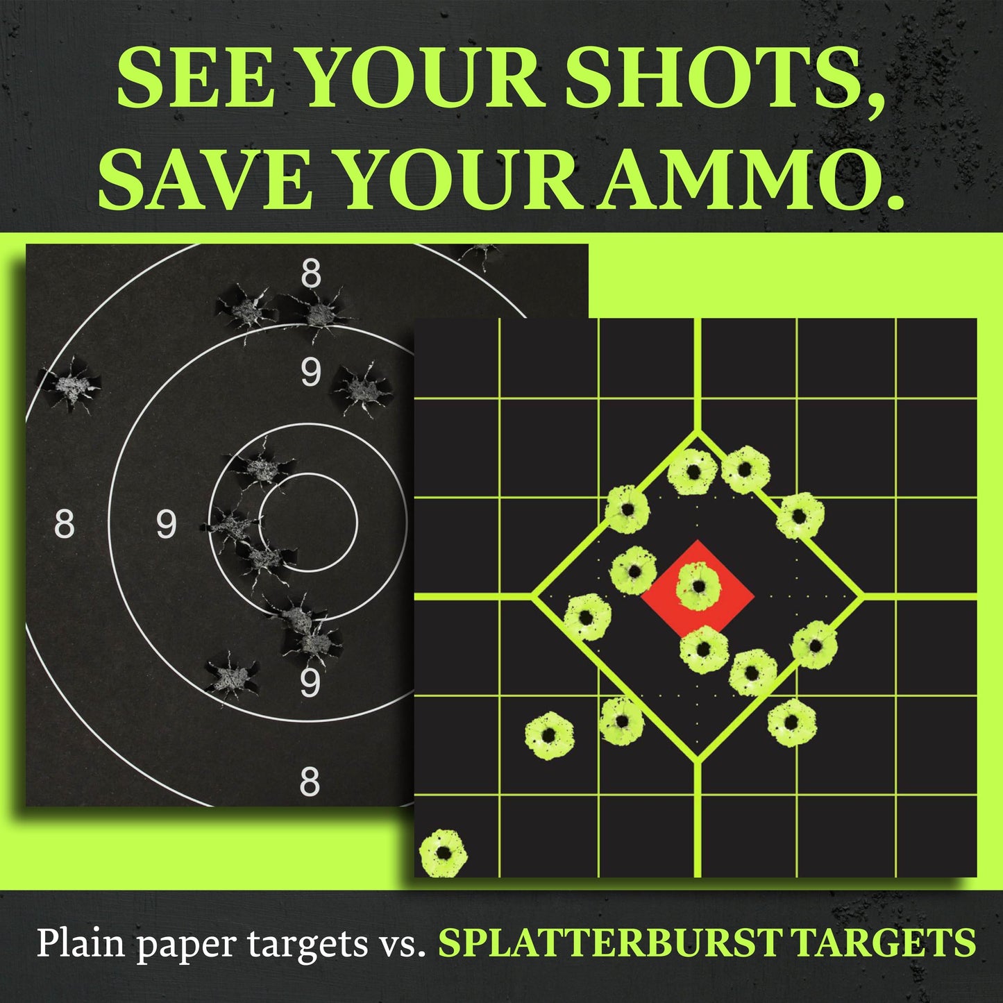 12"x12" Sight in Adhesive SPLATTERBURST Shooting Targets - Instantly See Your Shots Burst Bright Fluorescent Yellow Upon Impact! (25 Pack)
