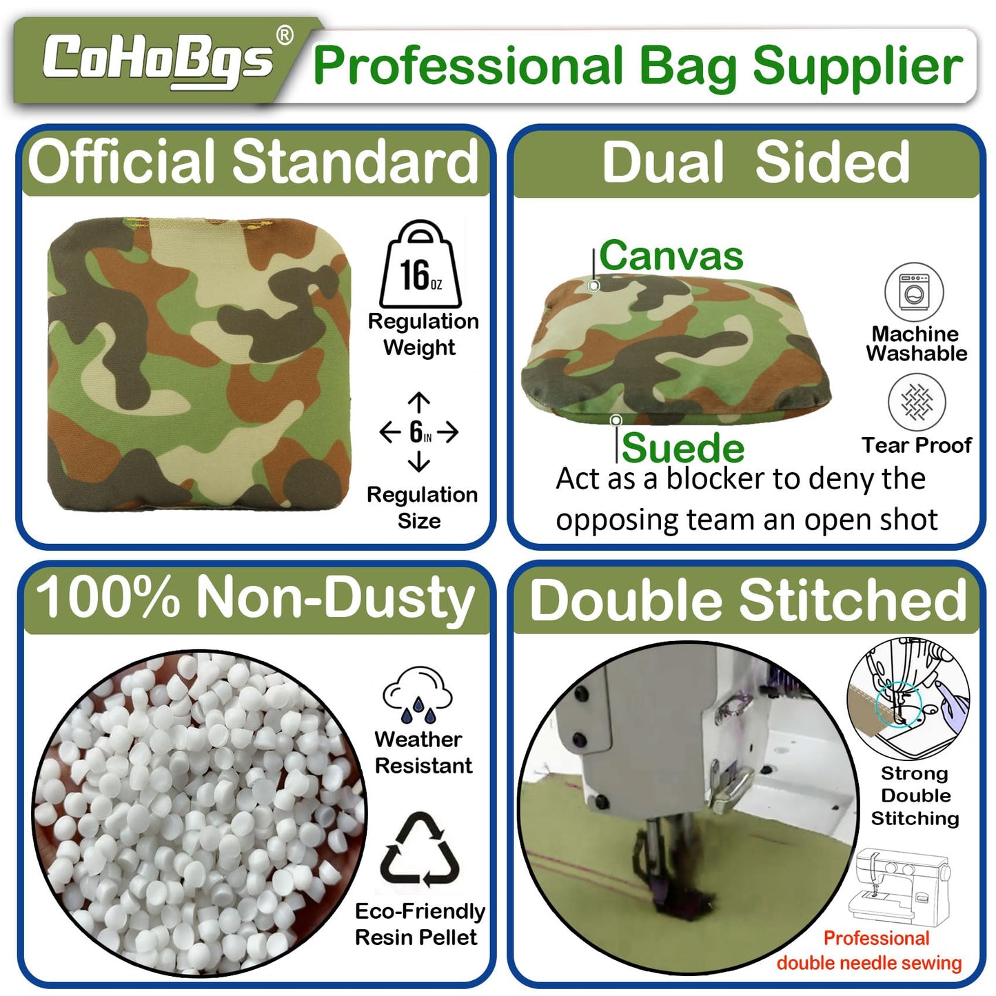 CoHoBgs Cornhole Bags Set of 8, Professional Corn Hole Bean Bags Dual-Sided Slick & Stick Resin Filled Suede and Duck Canvas Offical Bean Bag for Cornhole Toss Game Includes Carry Case