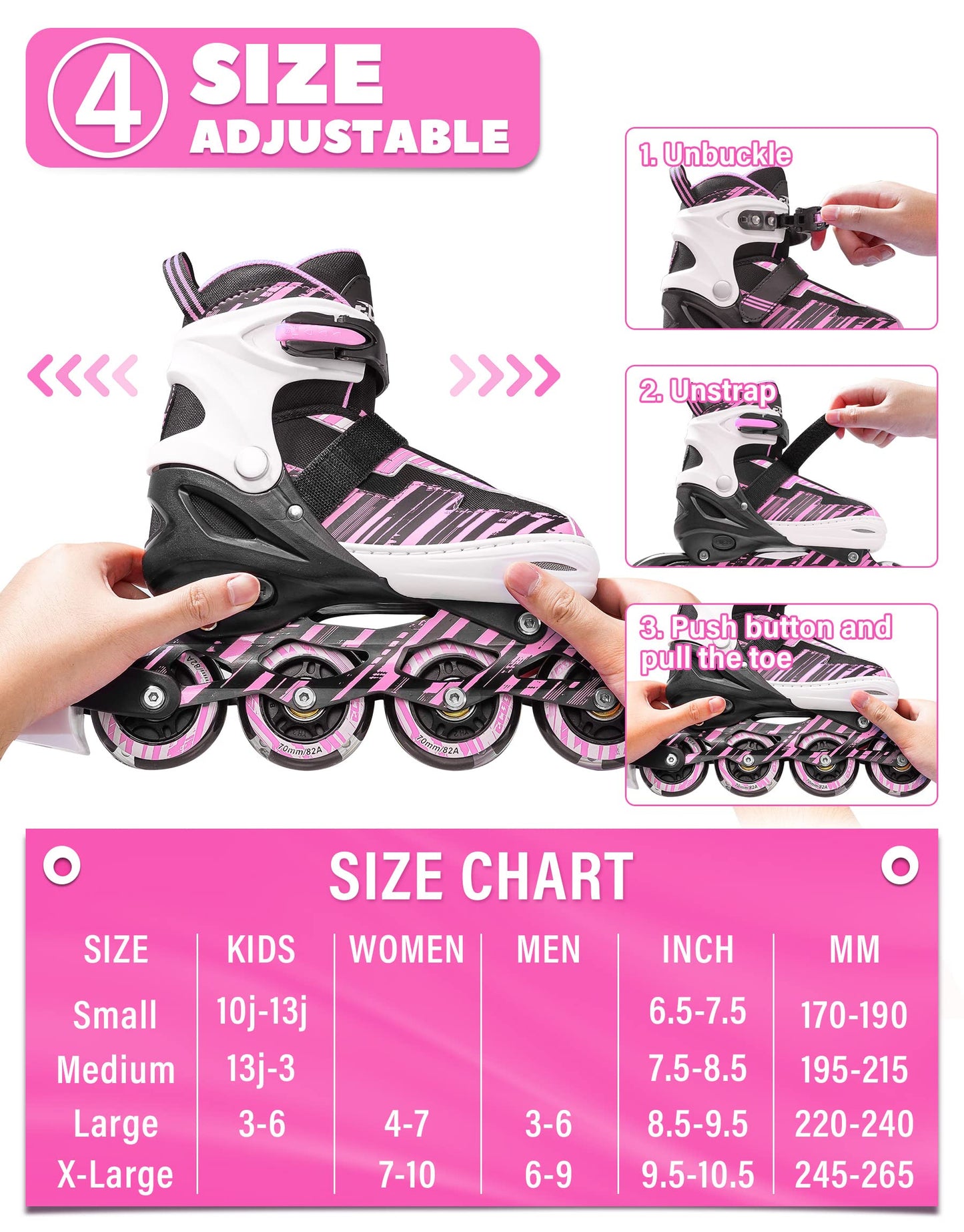ECOO Adjustable Inline Skates Boys and Girls with Light up Wheels，Roller Skates for Kids Ages 4-12, Teen Skates for Beginner Outdoor and Indoor (Pink, Large-Youth（3-6 US）)