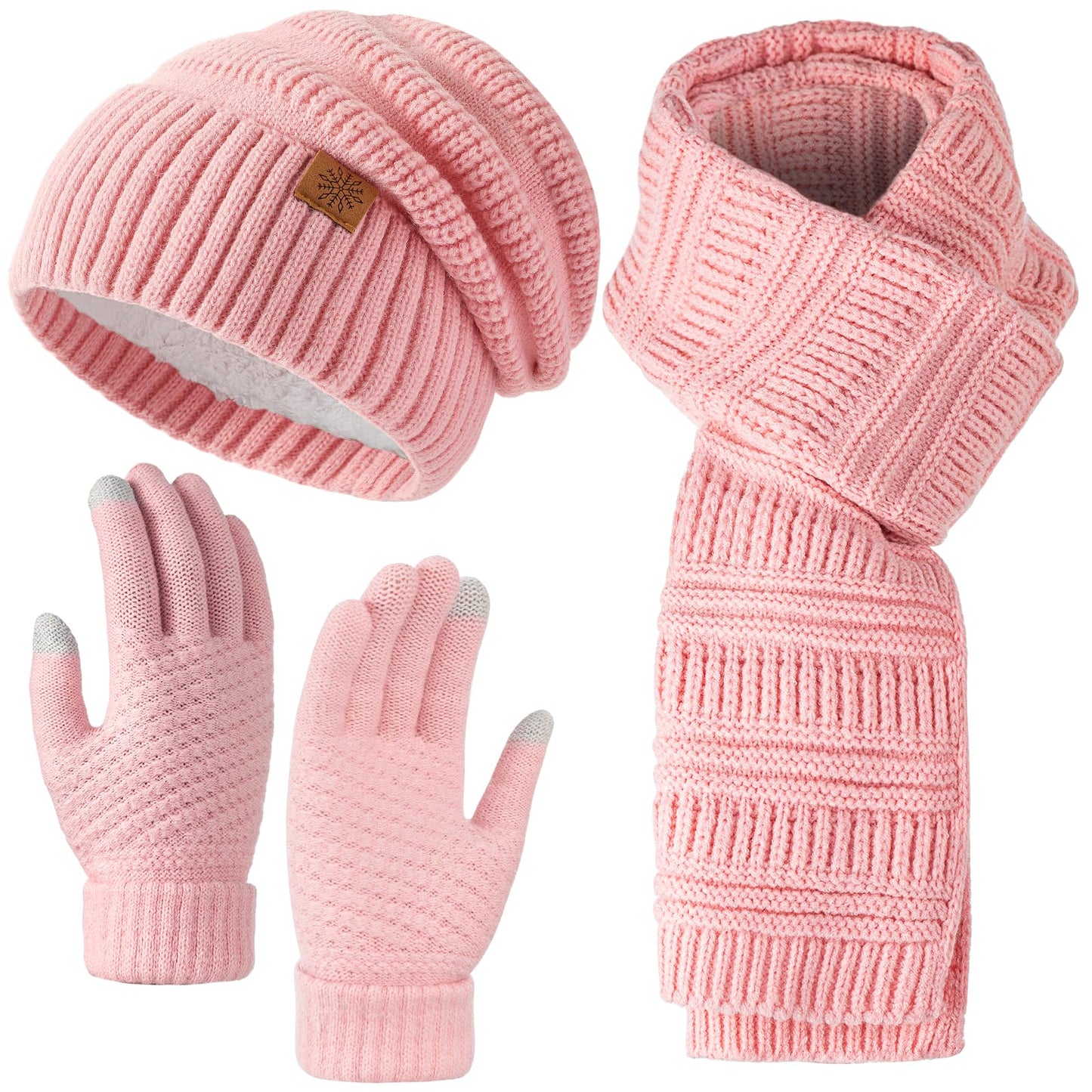 Pleneal Winter Womens Beanie Hat Scarf Gloves Set, Slouchy Beanie Knit Scarf Touchscreen Gloves Warm 3 Gift Set