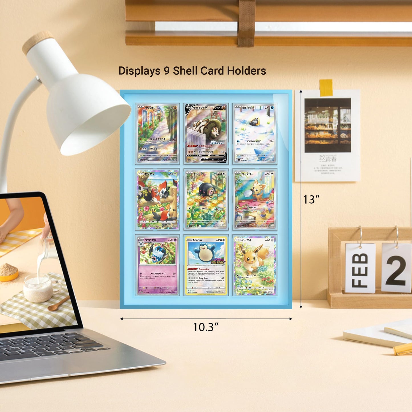 Glacier Blue 9-Card Display Case, Seamless Aluminum Frame with Tempered Glass for Graded Cards, Baseball Football Basketball Sports Card & TCG, Wall Mount Trading Card Frame, Includes 9 Shell Holders