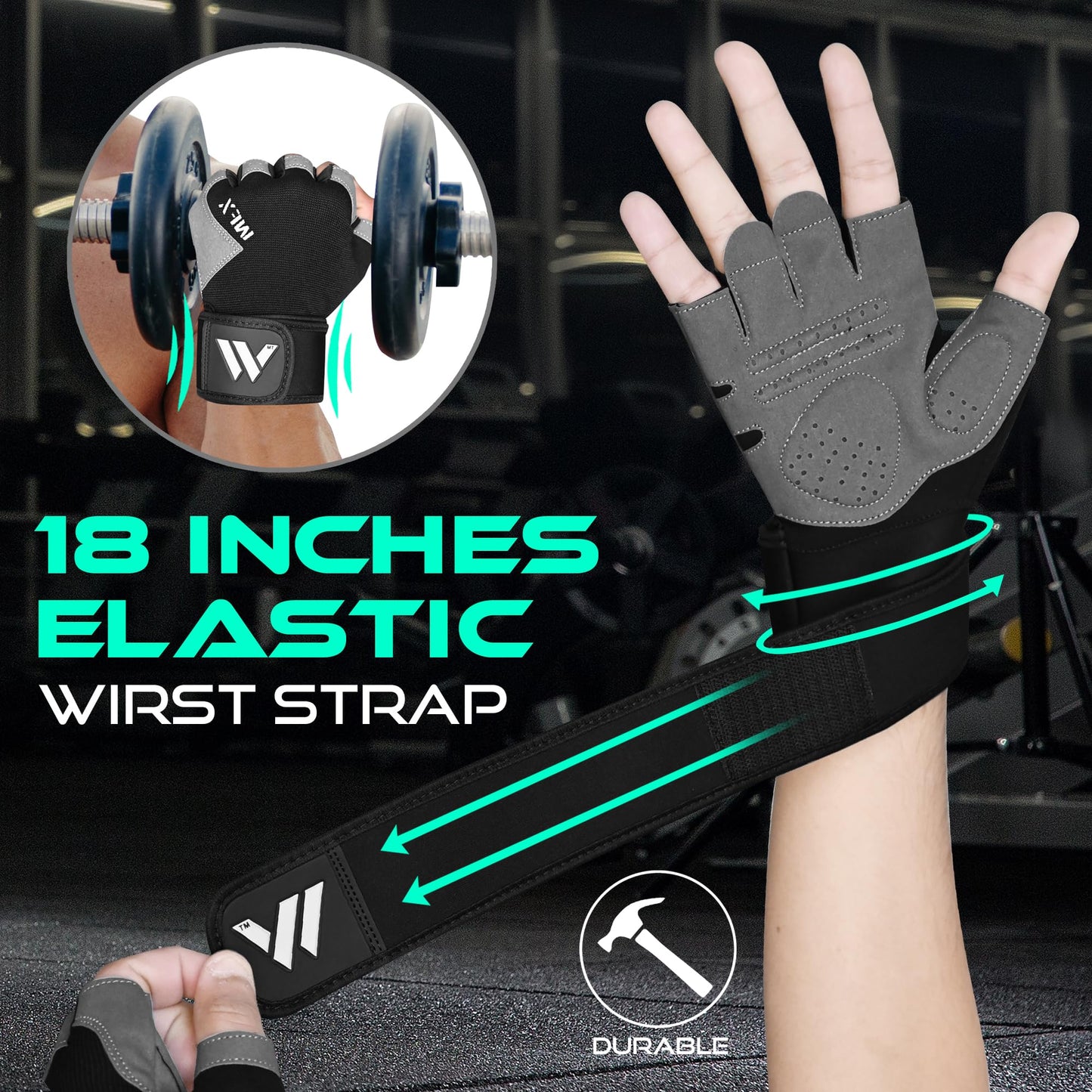 WESTWOOD FOX Gym Gloves Fitness Training Anti Slip Shock-Absorbing Weight Lifting Gloves Padded Grip Breathable Fingerless Workout Support for Men Women Cycling Exercise (Long Wristband, M)