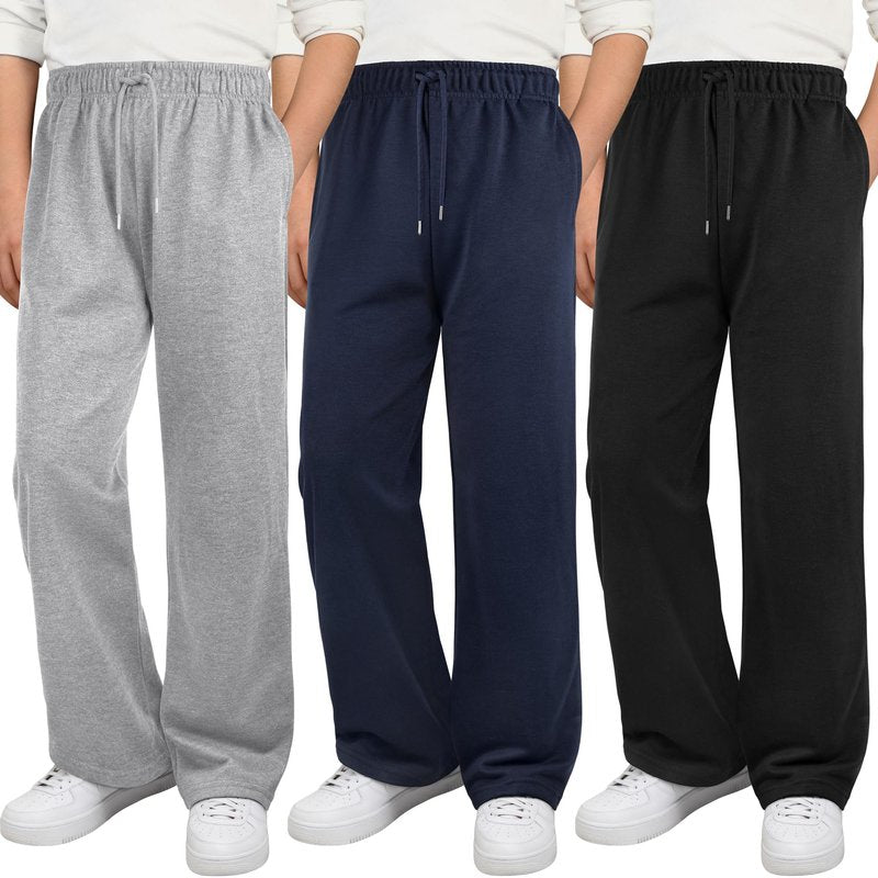 Aocku 3 Pack Boys Sweatpants Wide Leg Boys Athletic Drawstring Joggers Pants Kids Sweatpants Open Bottom Pants