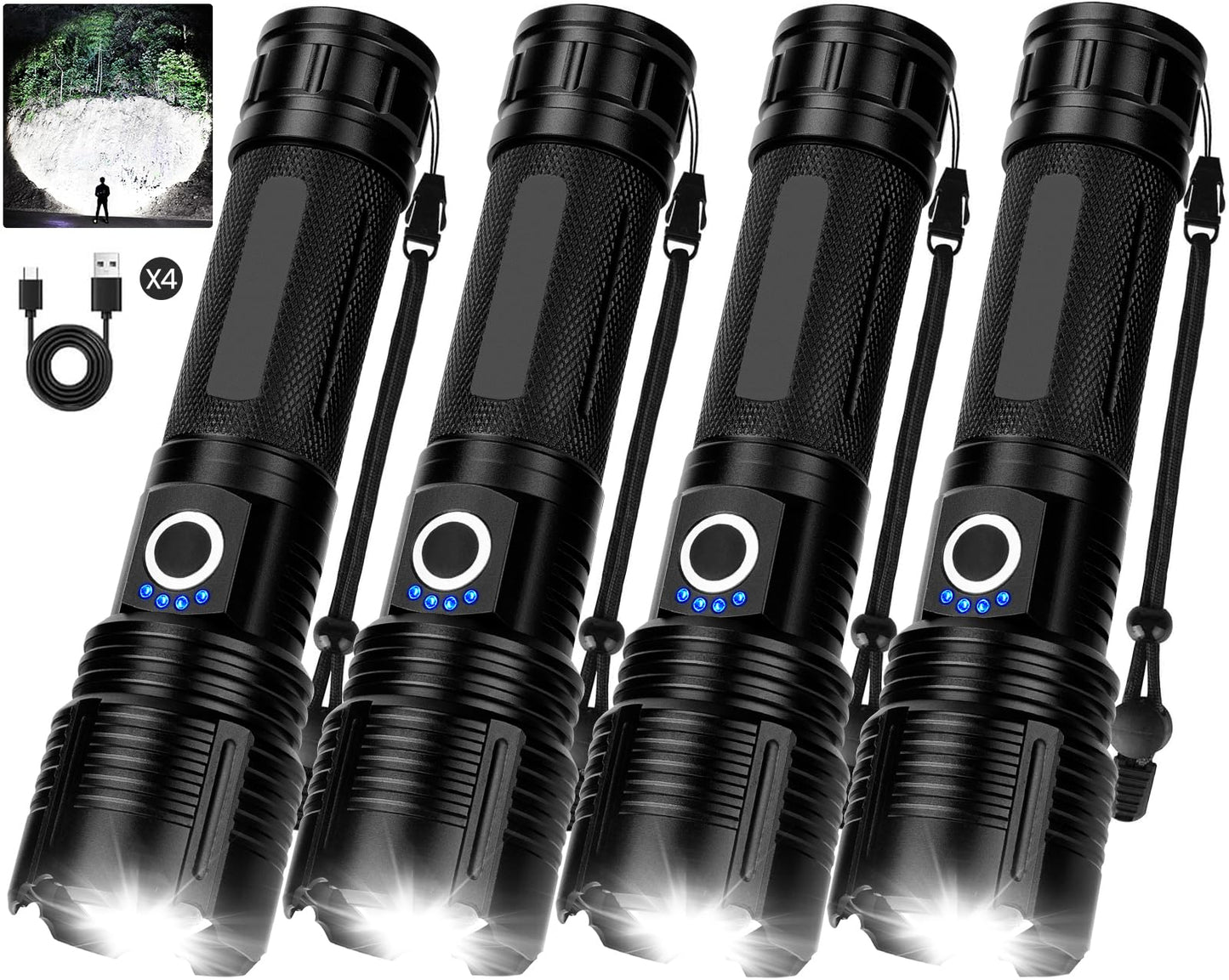 BEFAMALI 4 Pack Flashlight Rechargeable High Lumens, 99000LM Flash Light, Adjustable LED Bright Flashlights with 5 Modes & USB Cable, Waterproof Powerful Flashlight for Home Camping Outdoor