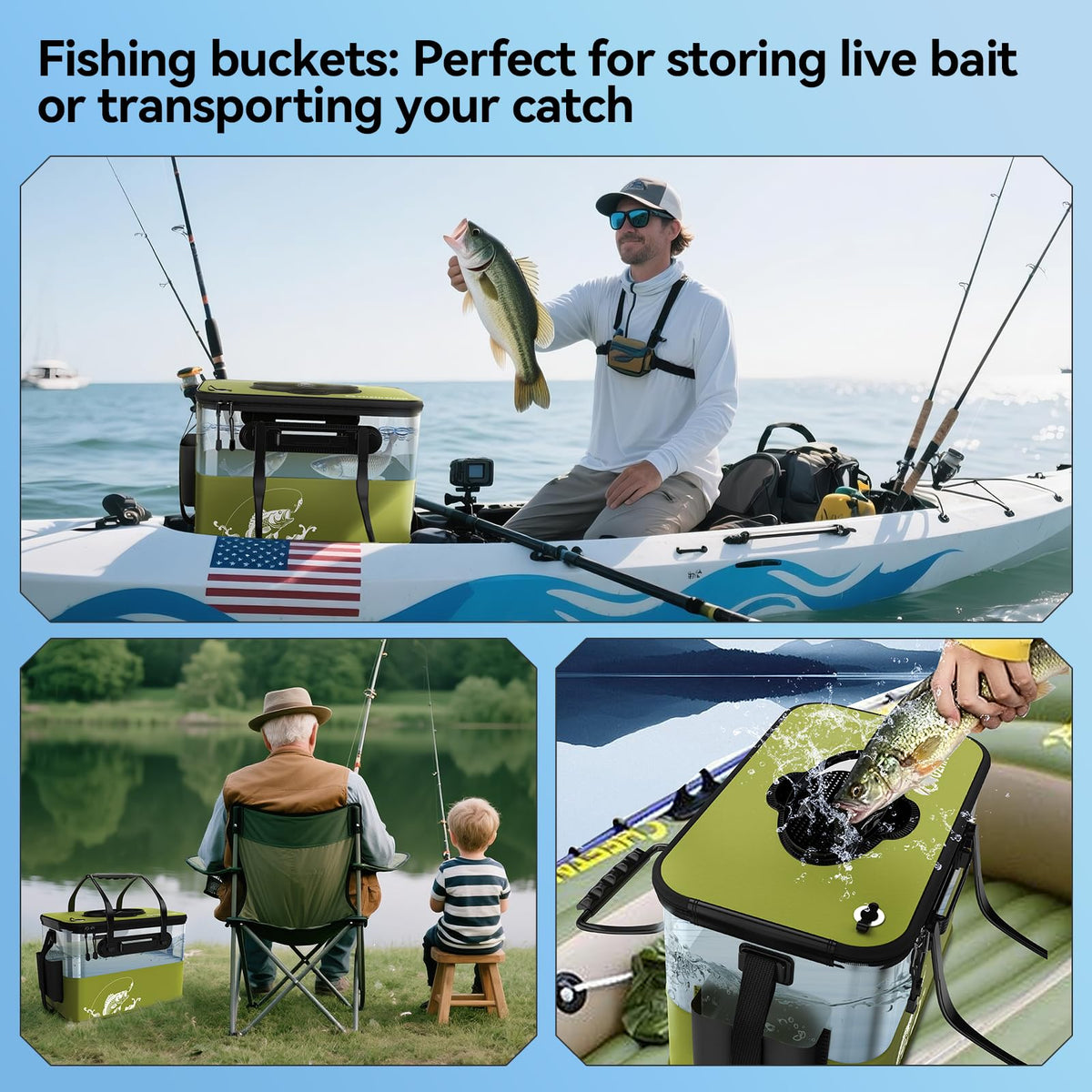 Fishing Bucket Foldable， 6Gallon/8Gallon/10Gallon,Live Fish Container Multi-Functional Live Fish Bait Bucket,for Fishing, Camping, Moving (Green, 6 gallons)