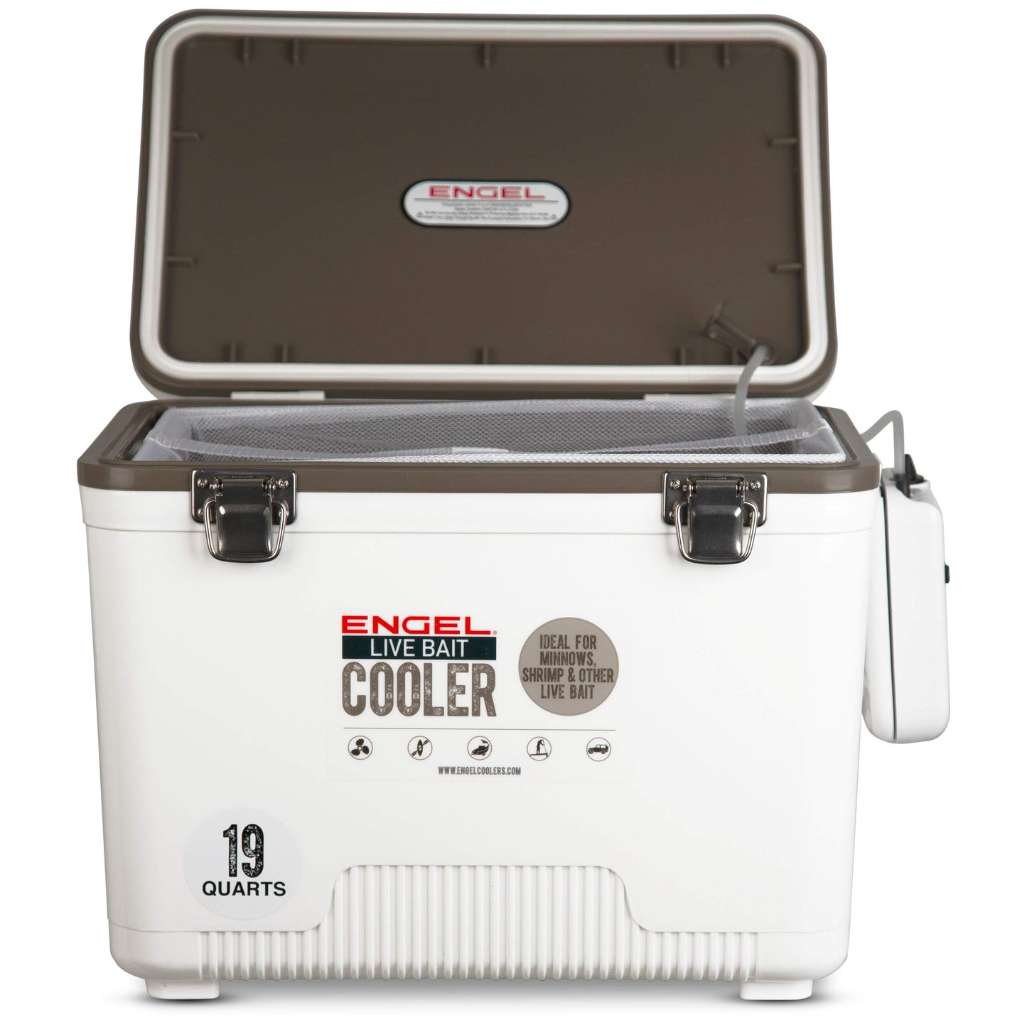 Engel 19qt Live Bait Cooler Box with 2nd Gen 2-Speed Aerator Pump - Portable Fishing Station & Minnow Bucket for Shrimp & Other Live Fish with Aerator - ENGLBC19-N-G in White