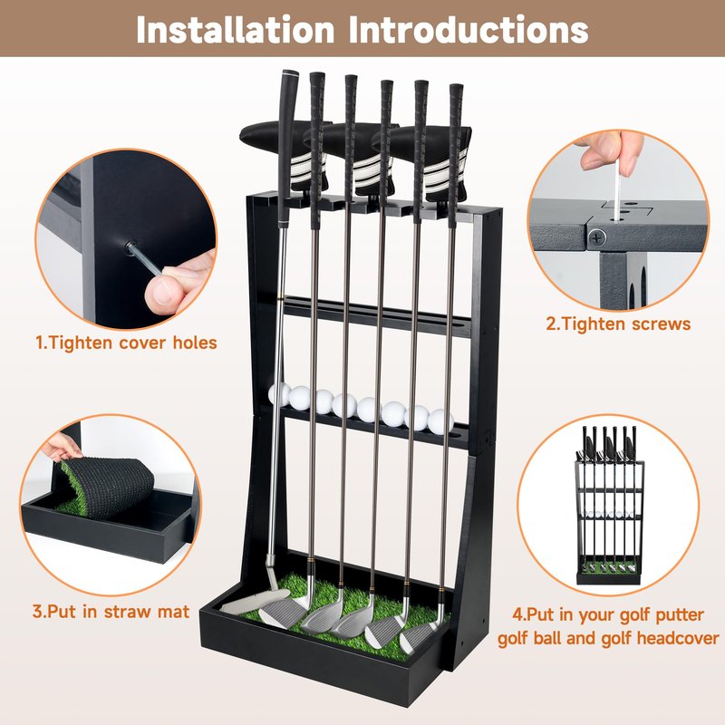 Alytree Golf Putter Stand, Golf Club Holder for 36 Balls Tray Storage & 6 Clubs & 3 Head Covers, Display Rack Organizer for Home Indoor Outdoor Office