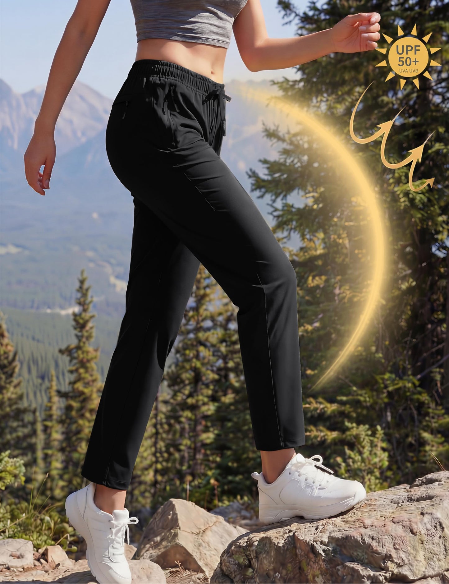 MAGCOMSEN Black Hiking Pants Women Quick Dry Sun Protection Elastic Waist Athletic Travel Pants Drawstring Workout, XL