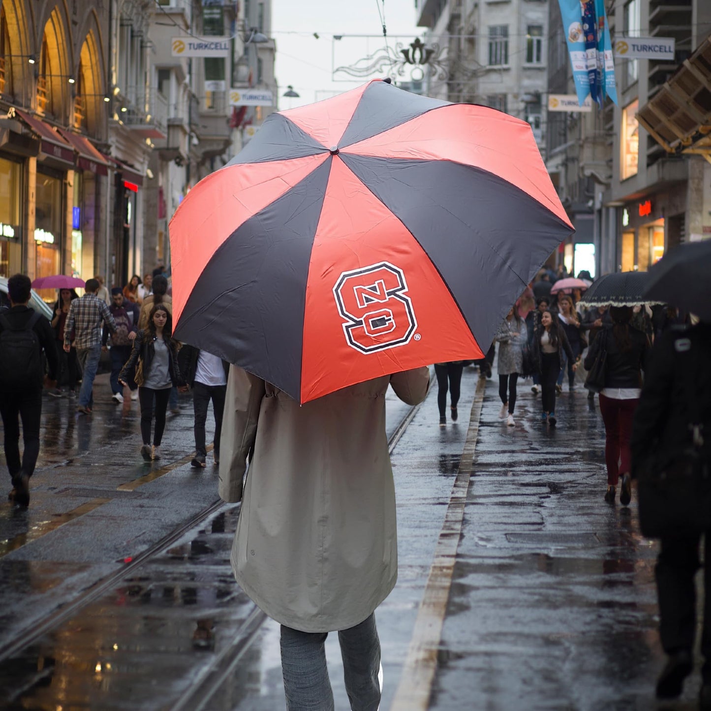 Storm Duds Ultra-Waterproof Sport Umbrella - North Carolina State Two Tone Black and Red - 48” Coverage w/Push Button Automatic Open - Flexible, Wind & Rust Resistant Folds to 17 Inches