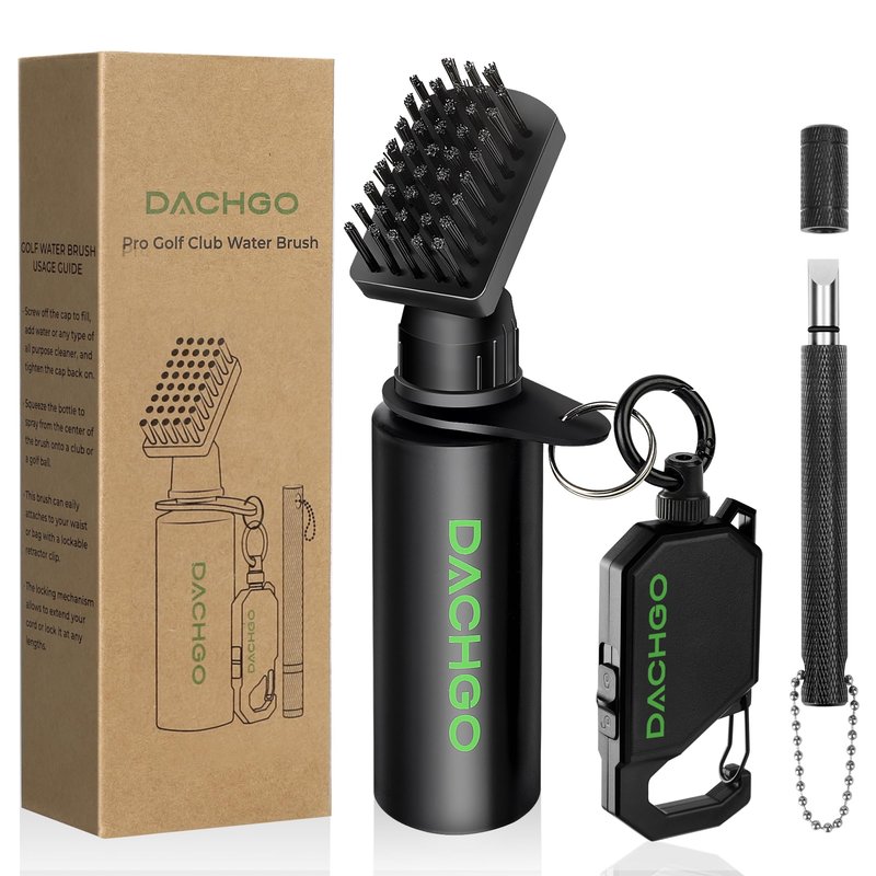 Dachgo Pro Golf Club Cleaner Brush, Golf Water Brush with Lockable Retractor Clip & Squeeze Bottle for Easy Cleaning, 7.5 Inches - Hold 4 oz of Water (Brush with Groove Sharpener Tool)