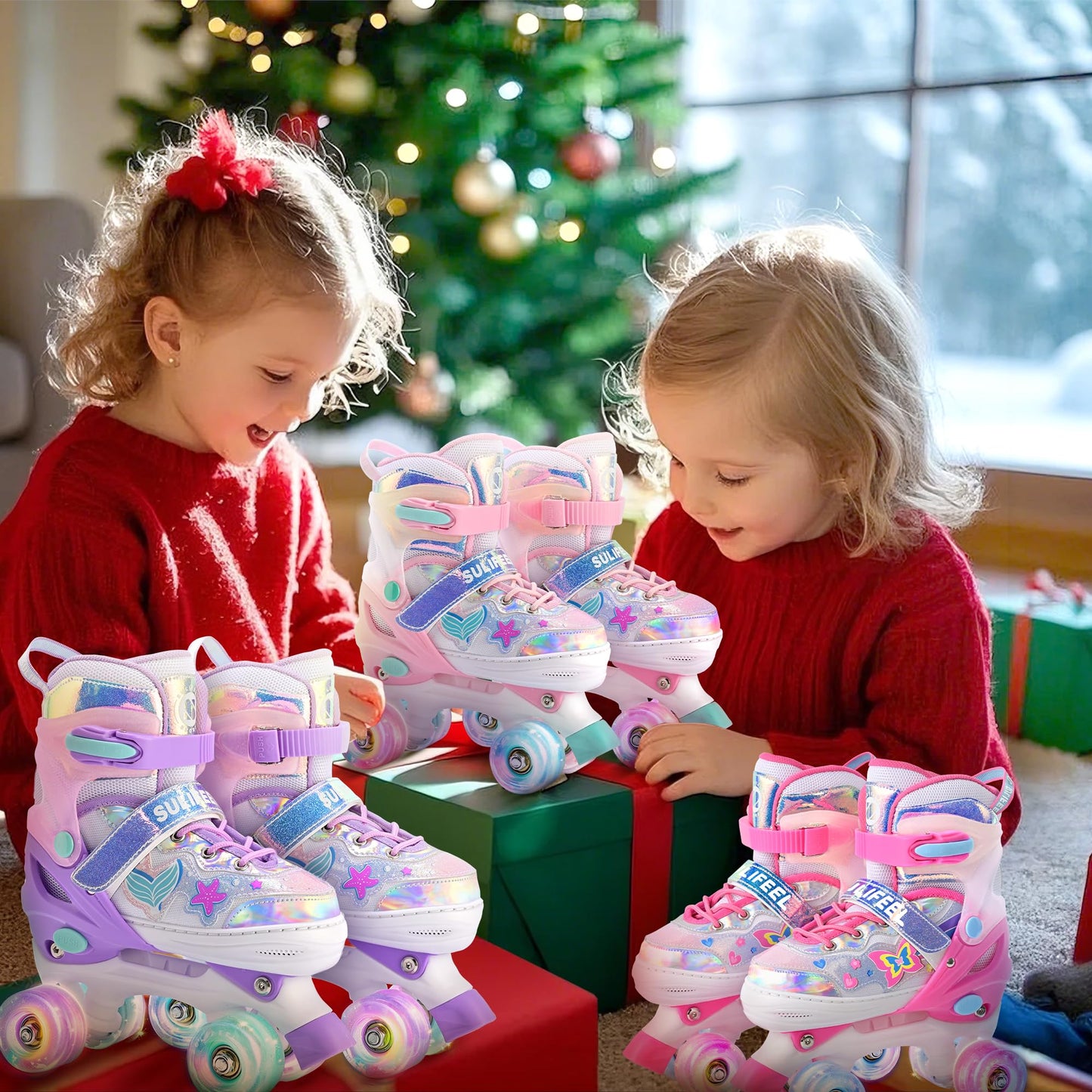 SULIFEEL Roller Skates for Girls Kids with Light Up Wheels, Adjustable 4 Sizes for Little Kids Toddler Beginner Rollerskates