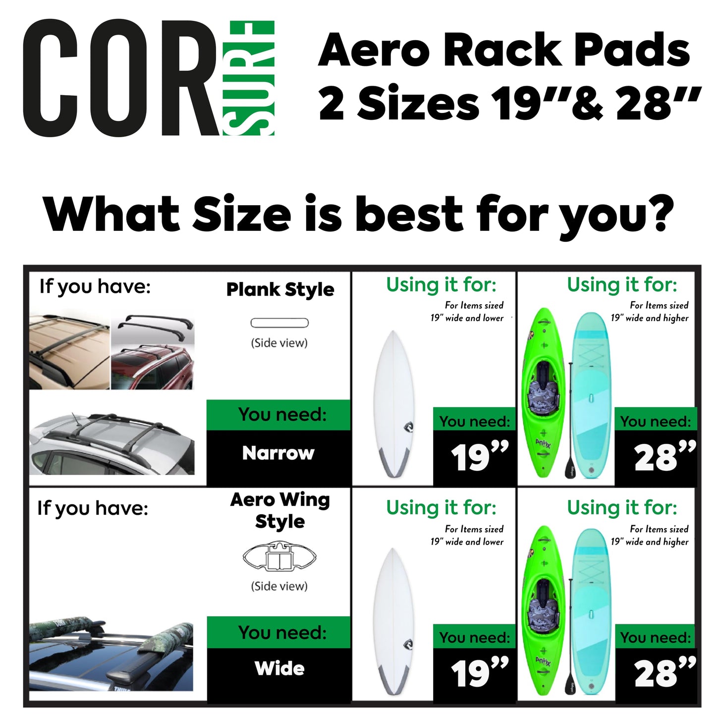 COR Surf Aero Roof Rack Pad and Premium No-Scratch Cam Buckle Tie Down Straps with Protective Silicone for Surf, SUP, Kayak and Canoe (19" Narrow Black)
