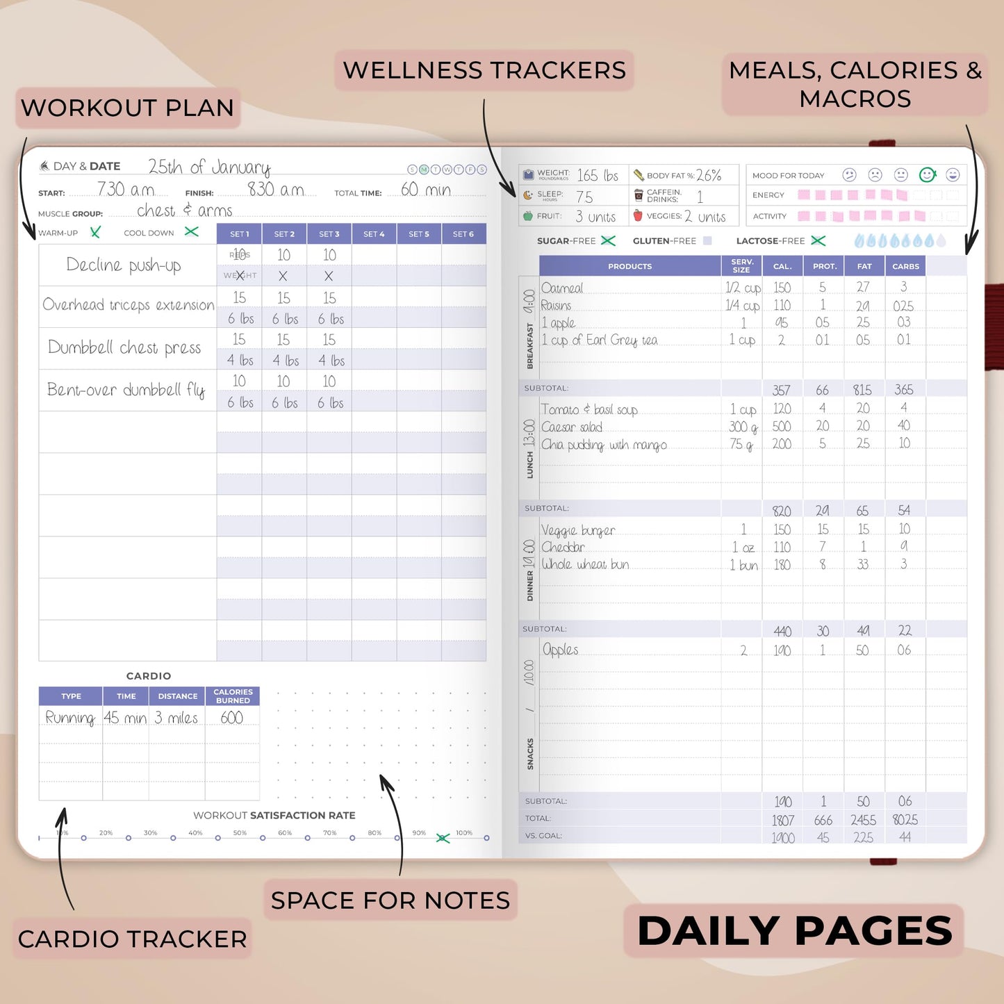 Clever Fox Fitness & Food Journal, Workout Planner, 5.8"x8.3" Rose Gold