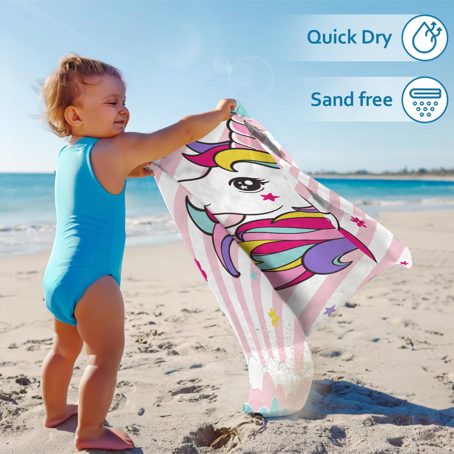 SANDJEST Unicorn Beach Towel for Girls - 60"x30" Quick Dry Lightweight Microfiber Suede Sand Free Kids Towels - Perfect for Beach Pool Swim Bath Travel Picnic Camping