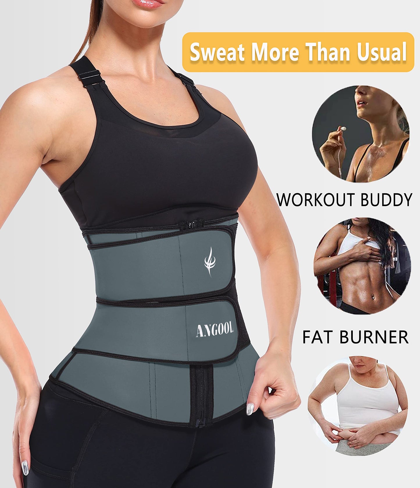 ANGOOL Neopren Waist Trainer For Women,Workout Plus Size Trimmer Belt Sauna Sweat Corset Cincher With Zipper L Gray-Dark