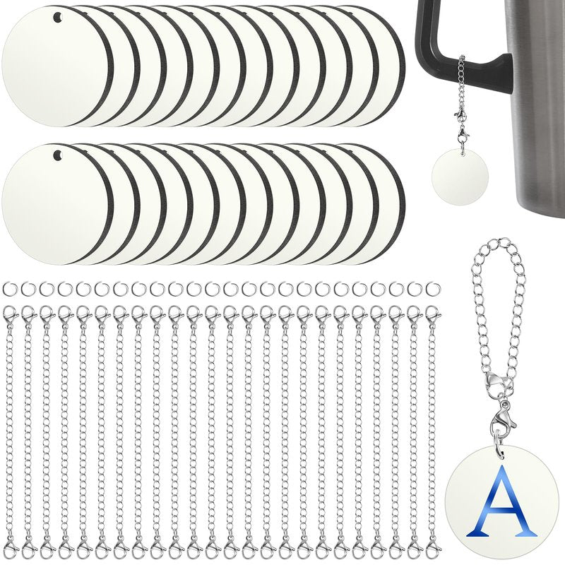 Landical 24 Sets Sublimation Charm Accessories for Cup Name ID Charm for Tumbler Cup Mdf Single Side Sublimation Blanks Bulk with Chains Jump Rings DIY Crafts Gift (Round)