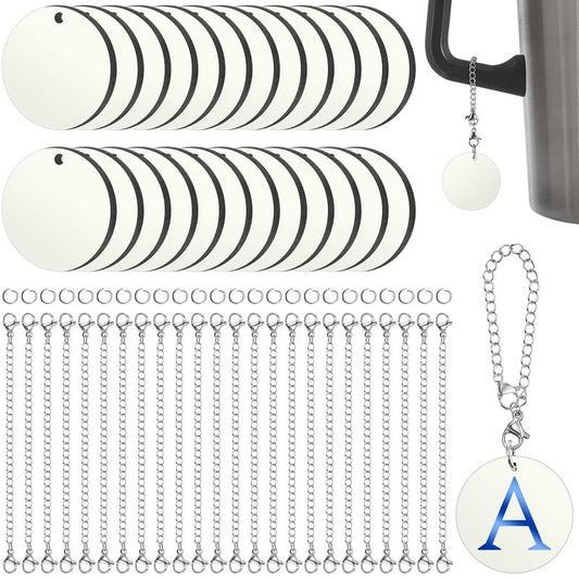 Landical 24 Sets Sublimation Charm Accessories for Cup Name ID Charm for Tumbler Cup Mdf Single Side Sublimation Blanks Bulk with Chains Jump Rings DIY Crafts Gift (Round)
