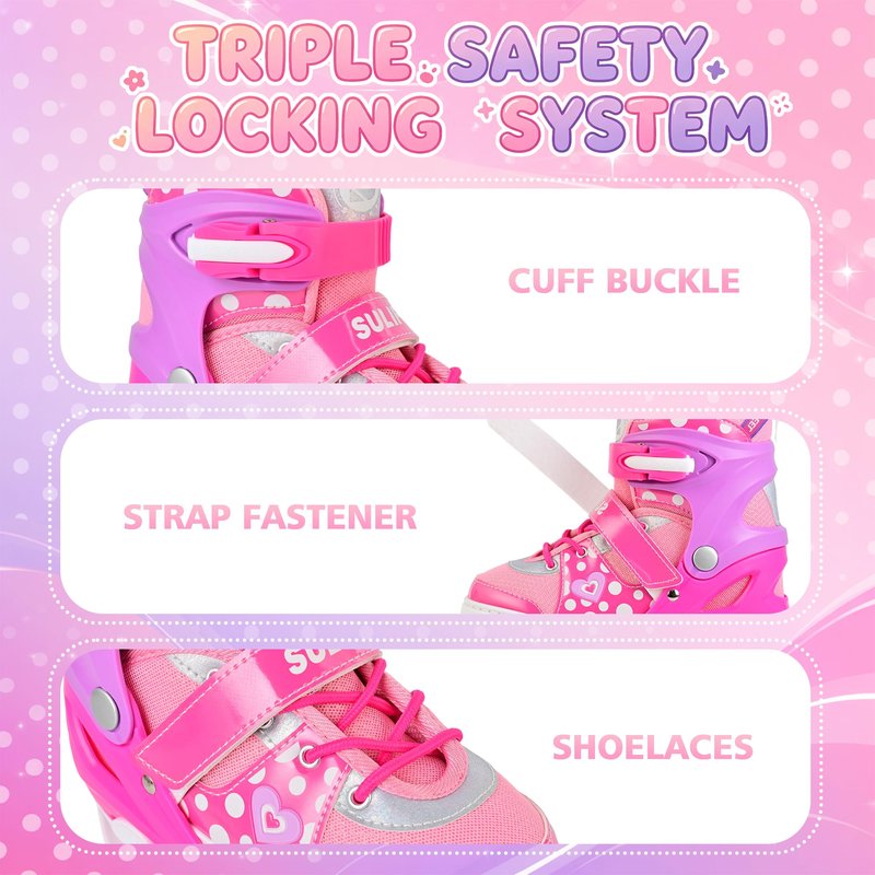 SULIFEEL Roller Skates for Girls Ages 3-12, 4 Sizes Adjustable Kids Quad Skates with Light up Wheels-Birthday Gift for Indoor Outdoor Sports