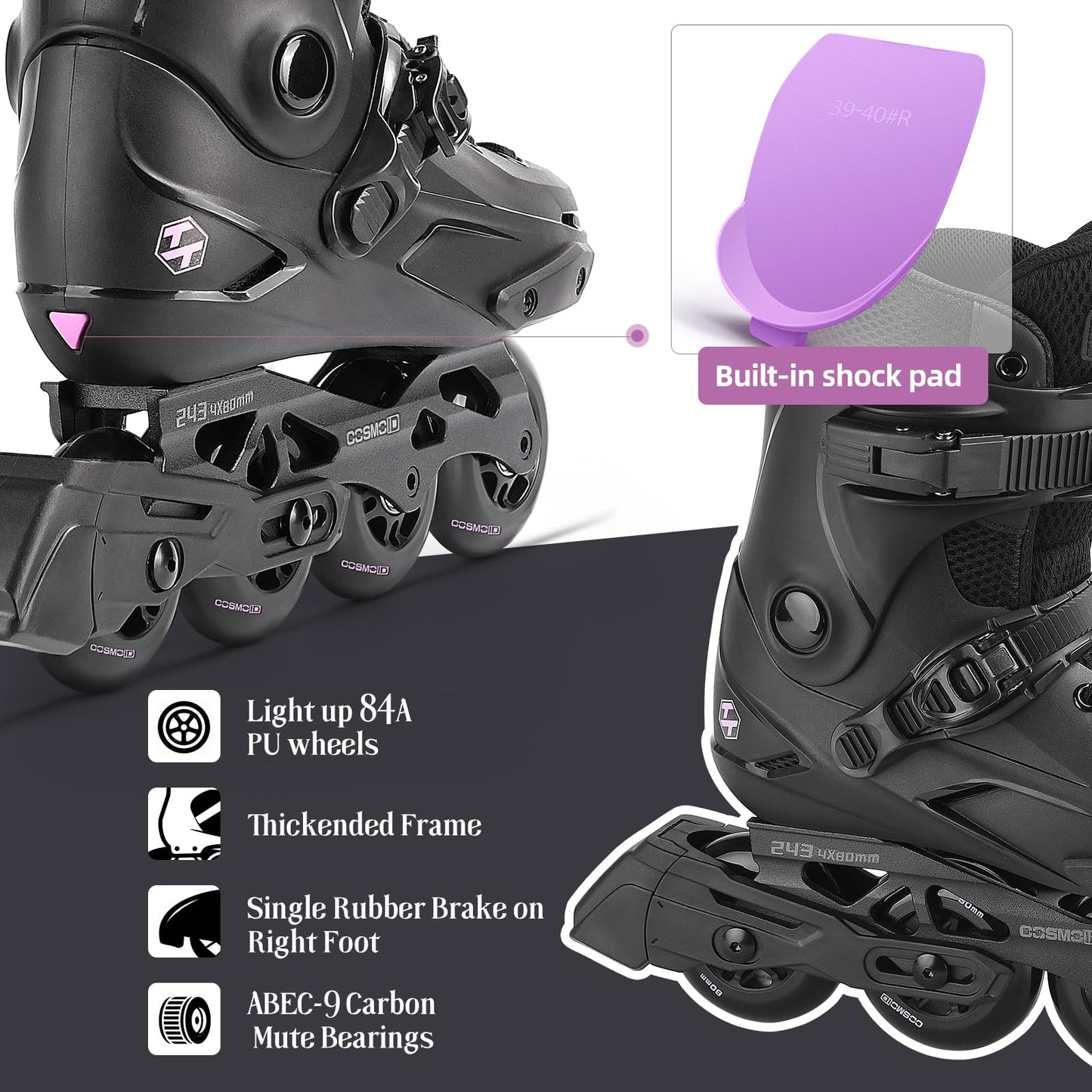 Professional Inline Skates for Women Men, COSMOID Roller Skate Blades Adult Male Female, Size 5-13，Professional Fitness Roller Skates Blades for Unisex (Black, USM10.5-11/USL11-11.5)