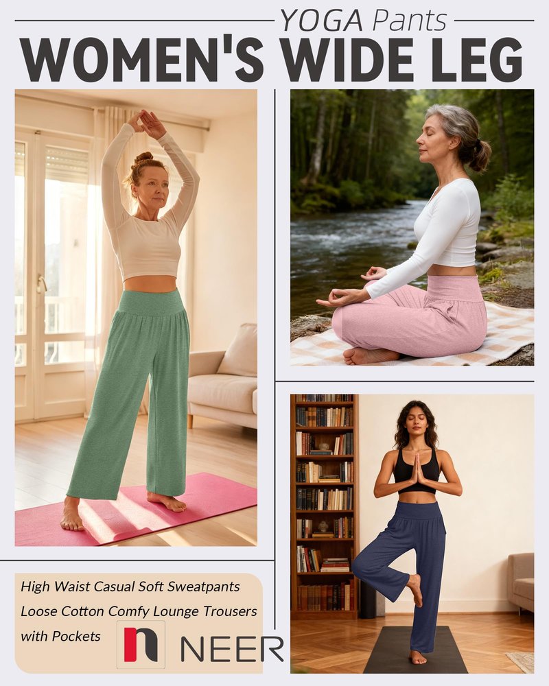 Neer 4 Pack Women's Wide Leg Yoga Pants High Waist Casual Sweatpants Loose Cozy Lounge Pajama Flowy Pants with Pockets(Black, Dark Blue, Turquoise, Pink,X-Large)