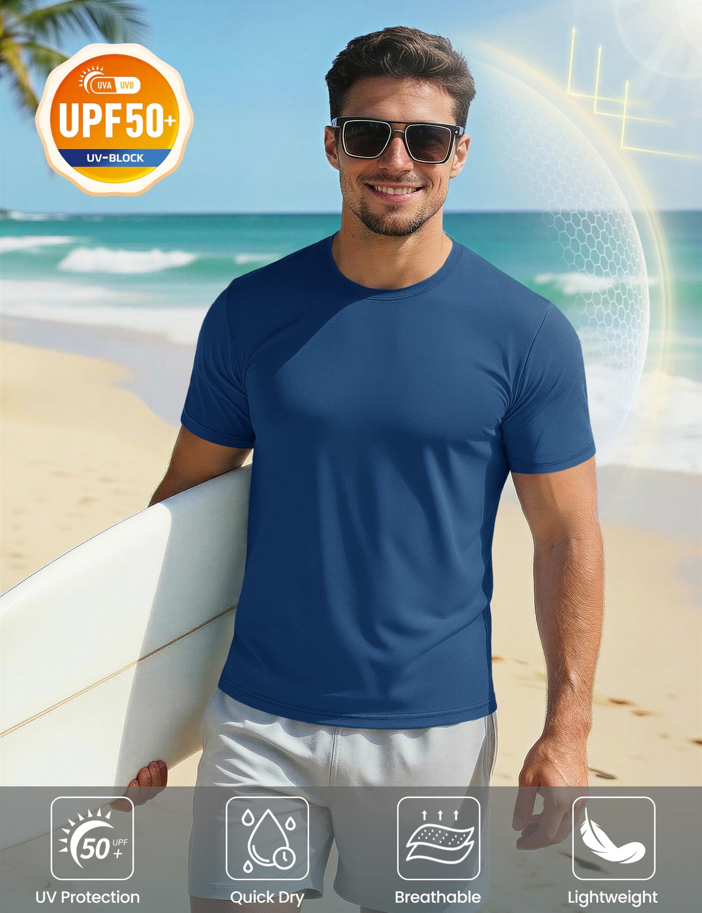 Mens Short Sleeve T Shirts UPF 50+ Shirt Sun Protection T-Shirts Rash Guards Shirts Gym Shirts Workout Tshirts Quick Dry T-Shirt Blue Grey