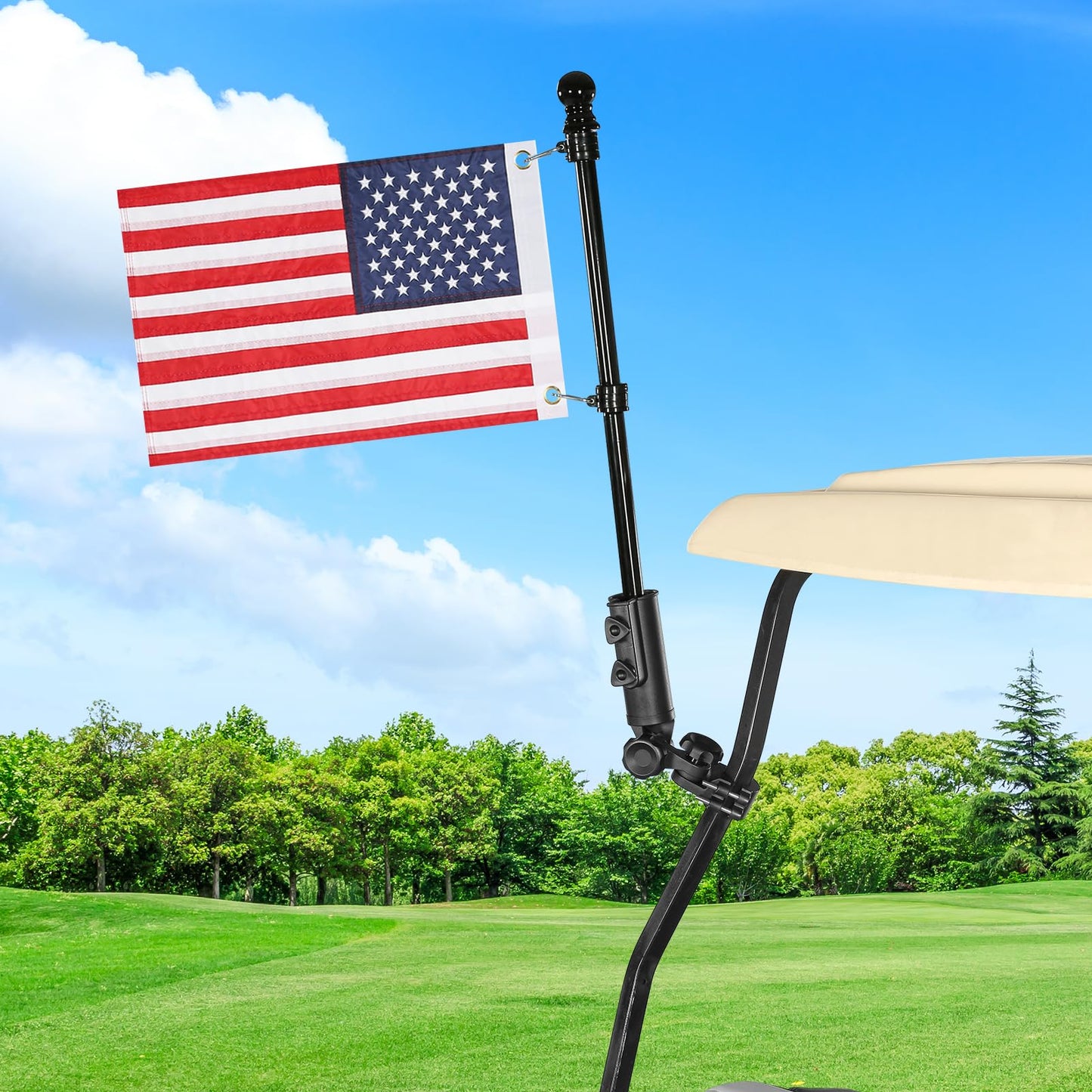 WEIMELL Golf Cart Flag Holder with USA Flag Pole Mount Kit Set Fit for EZGO TXT RXV Club Car Precedent Tempo DS Yamaha Boat Heavy Duty Windproof Bracket Set (with Flag 12x18 Inch)