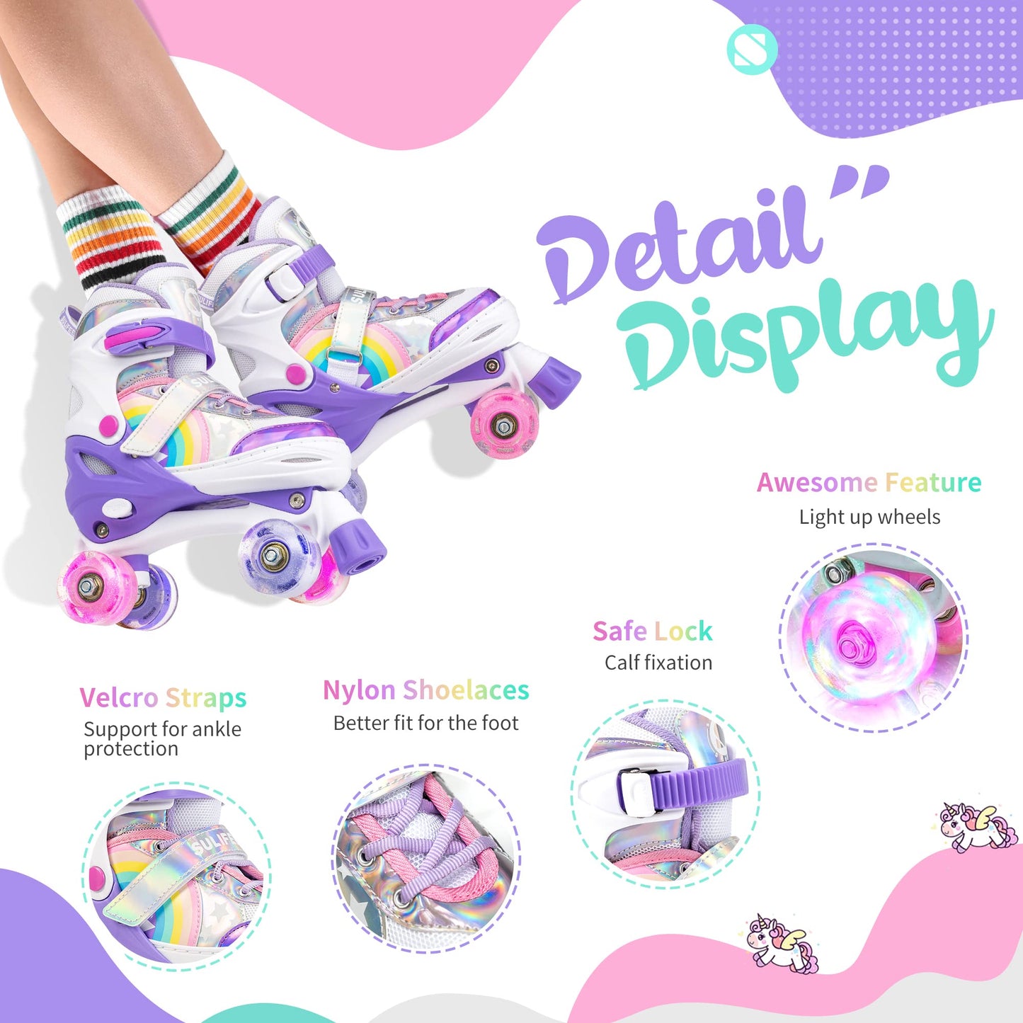 SULIFEEL Rainbow Unicorn 4 Size Adjustable Light up Roller Skates for Girls Boys for Kids Purple Medium