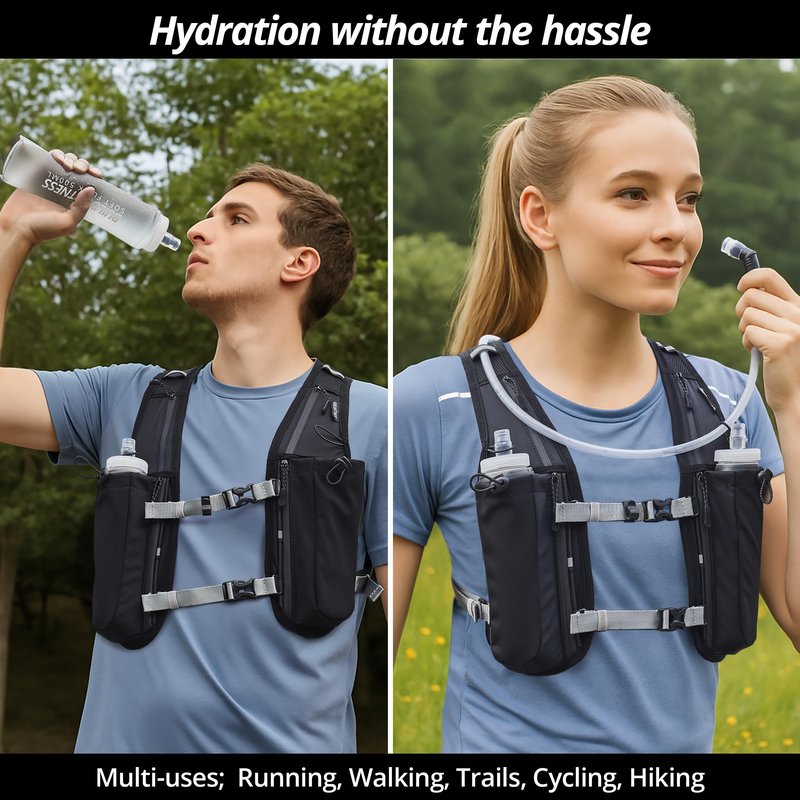 Running Hydration Vest for Women and Men 8 Pocket, Black Vest with 1.5L Bladder + 2X 500ml Soft Flasks Quick Dry, Water-Resistant, Breathable, Adjustable Backpack for Runs, Hiking, Cycling, Marathons