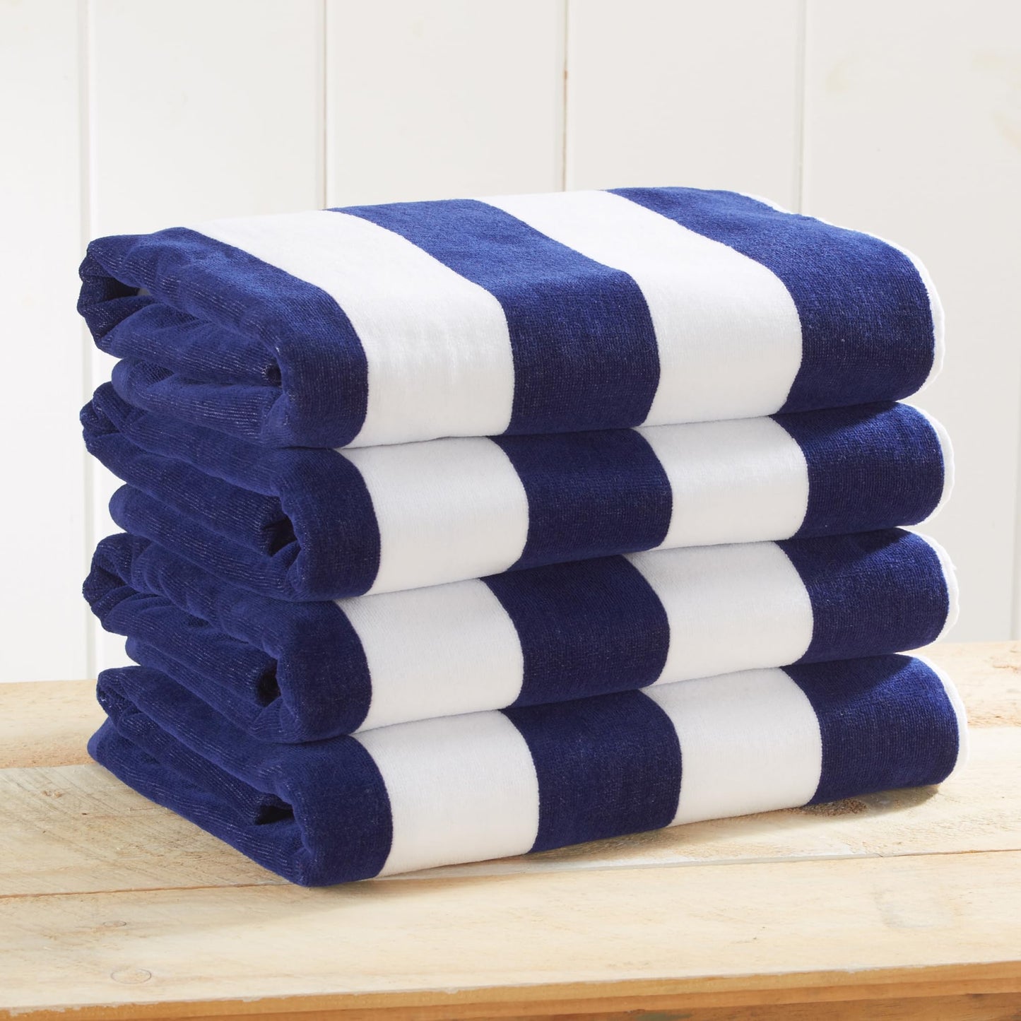 Great Bay Home 100% Cotton Velour 4 Pack Beach Towels 30" x 60" - Navy Cabana Stripe Pool Towels - Quick Dry, Large Swim Towels