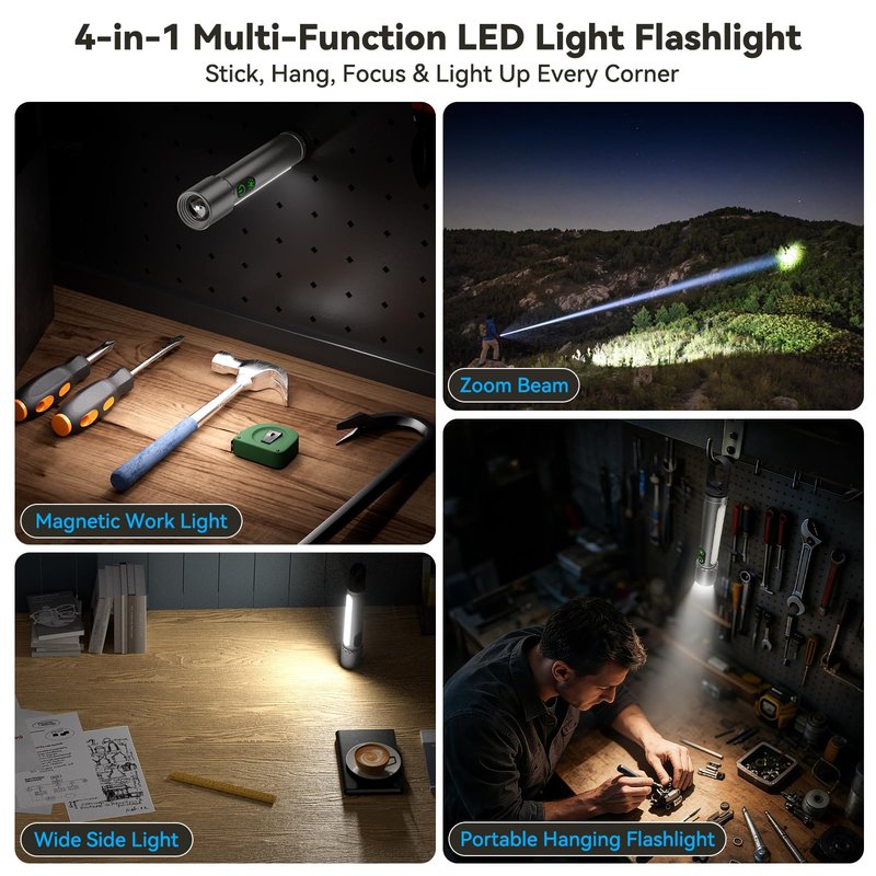 High Lumens Flashlight Rechargeable-Magnetic,Hanging,Zoom Beam,Side Light Multi-Function LED Flashlights Super Bright Powerful Waterproof Flash light for Camping,Emergency,Hiking,Dog Walking,Home