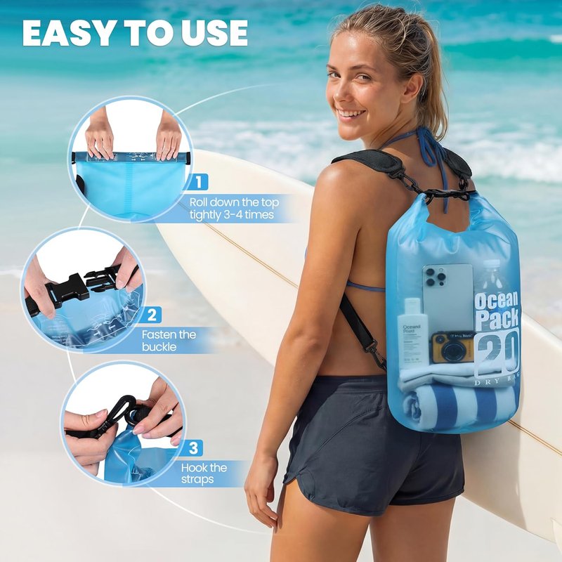 Waterproof Dry Bag - 20L Roll Top Backpack with Phone Pouch | Lightweight for Kayaking, Boating, Fishing